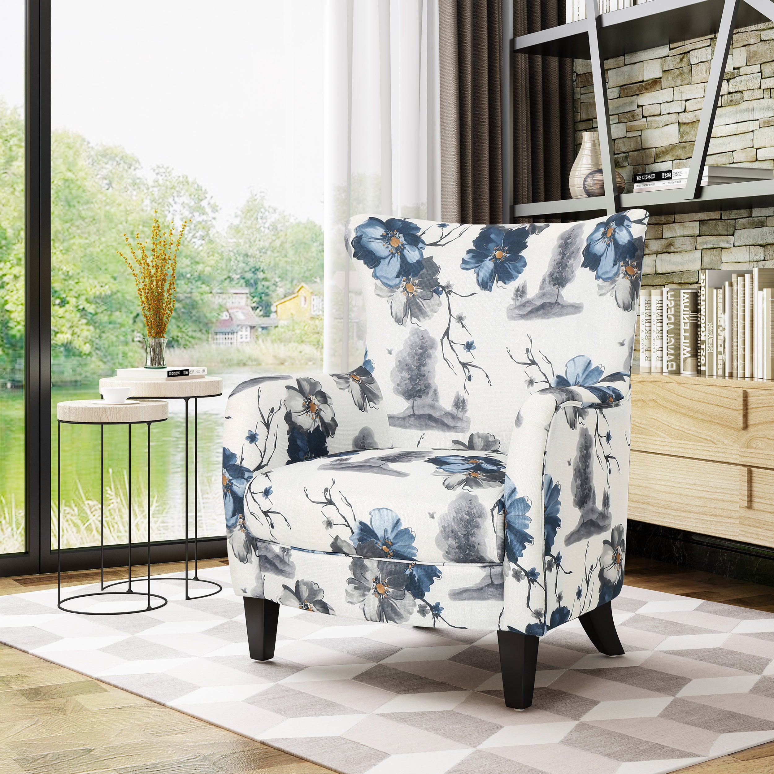 Vintage Club Chair: White & Blue Patterned Armchair