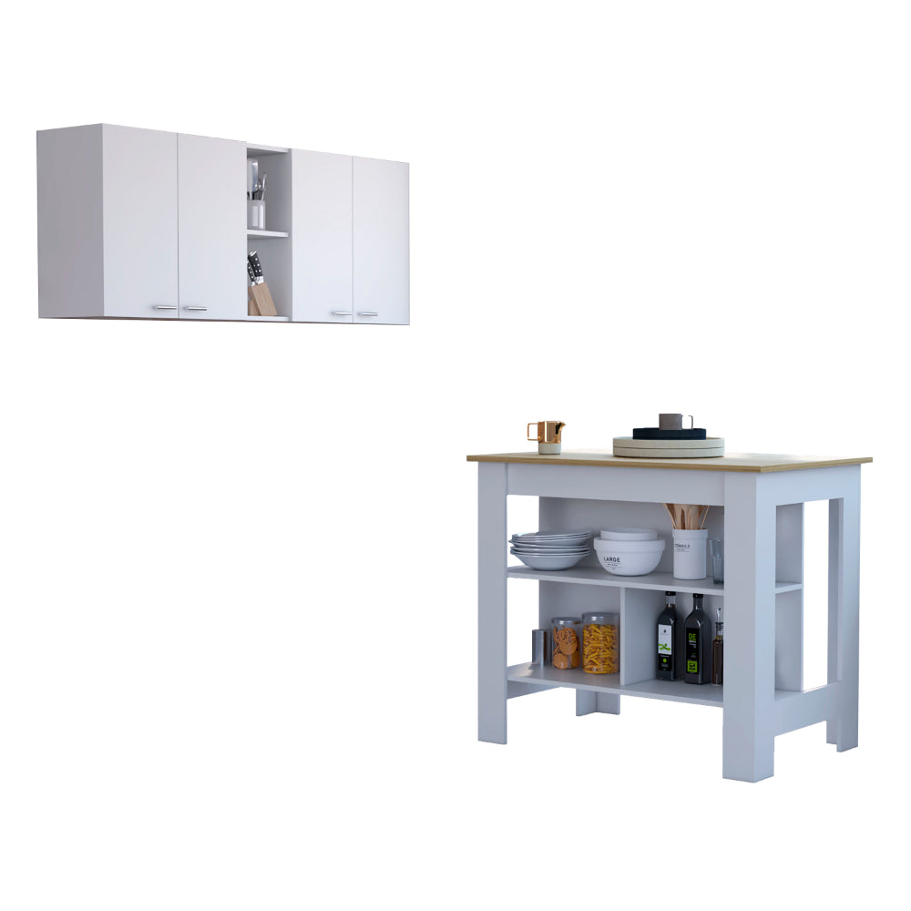 White & Oak Kitchen Set: 7-Shelf, 4-Door Island