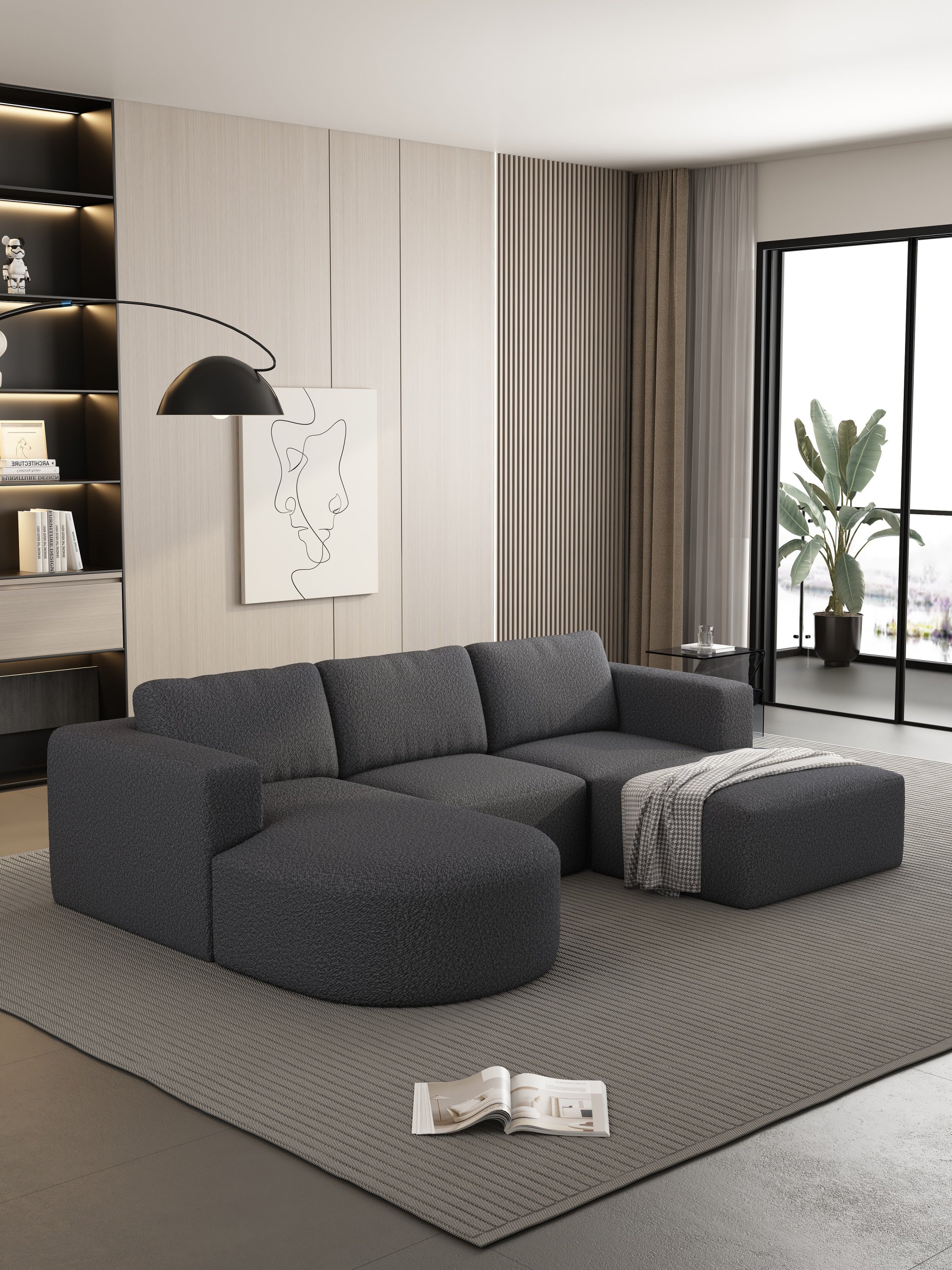 Modular Sectional Sofa Bed w/ Chaise & Ottoman - Dark Grey
