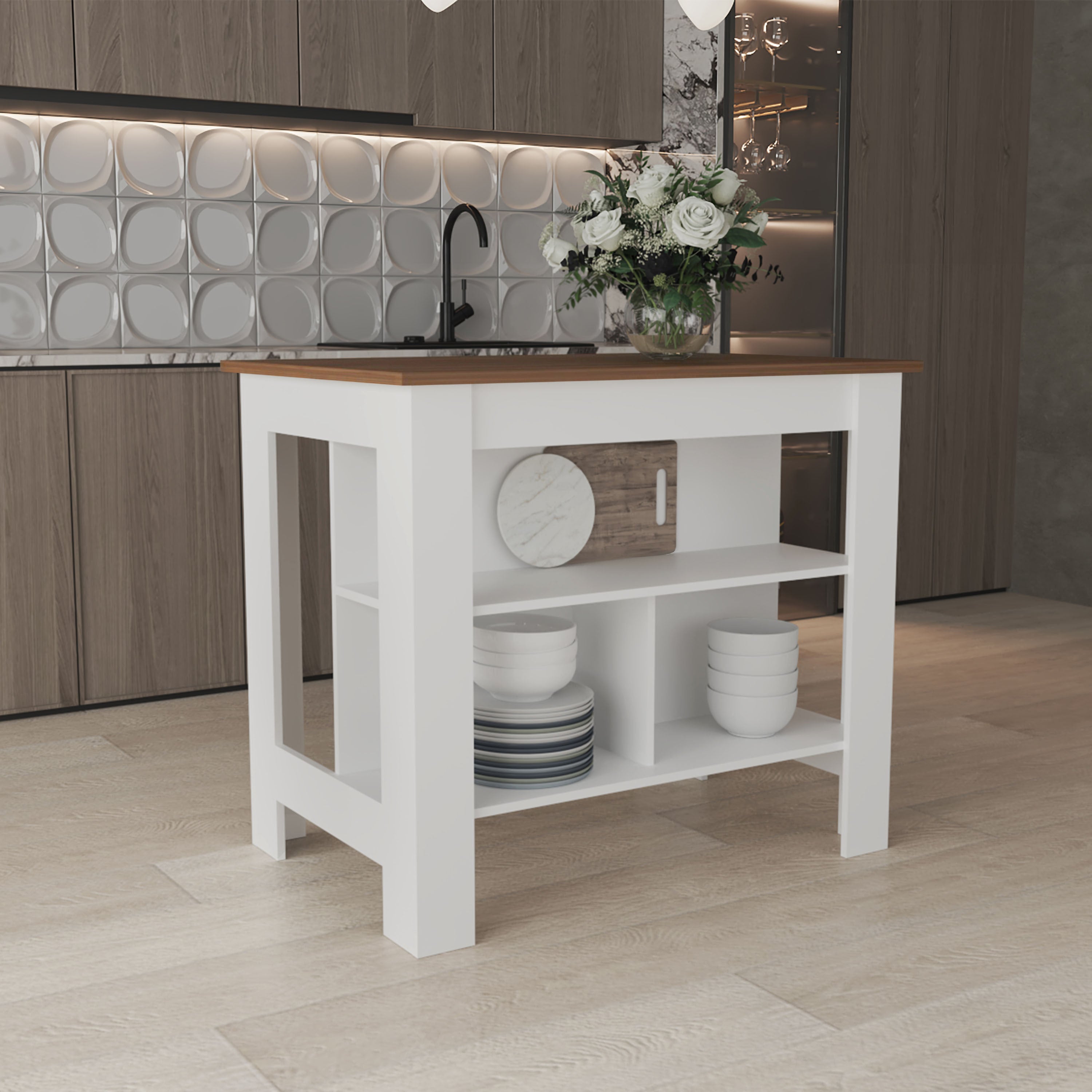 Island 35.4"H, 3 Shelves, White/Mahogany