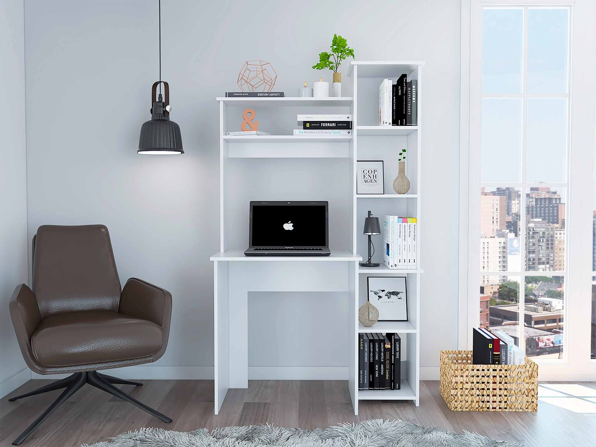White 6-Shelf Writing Desk with Bookcase