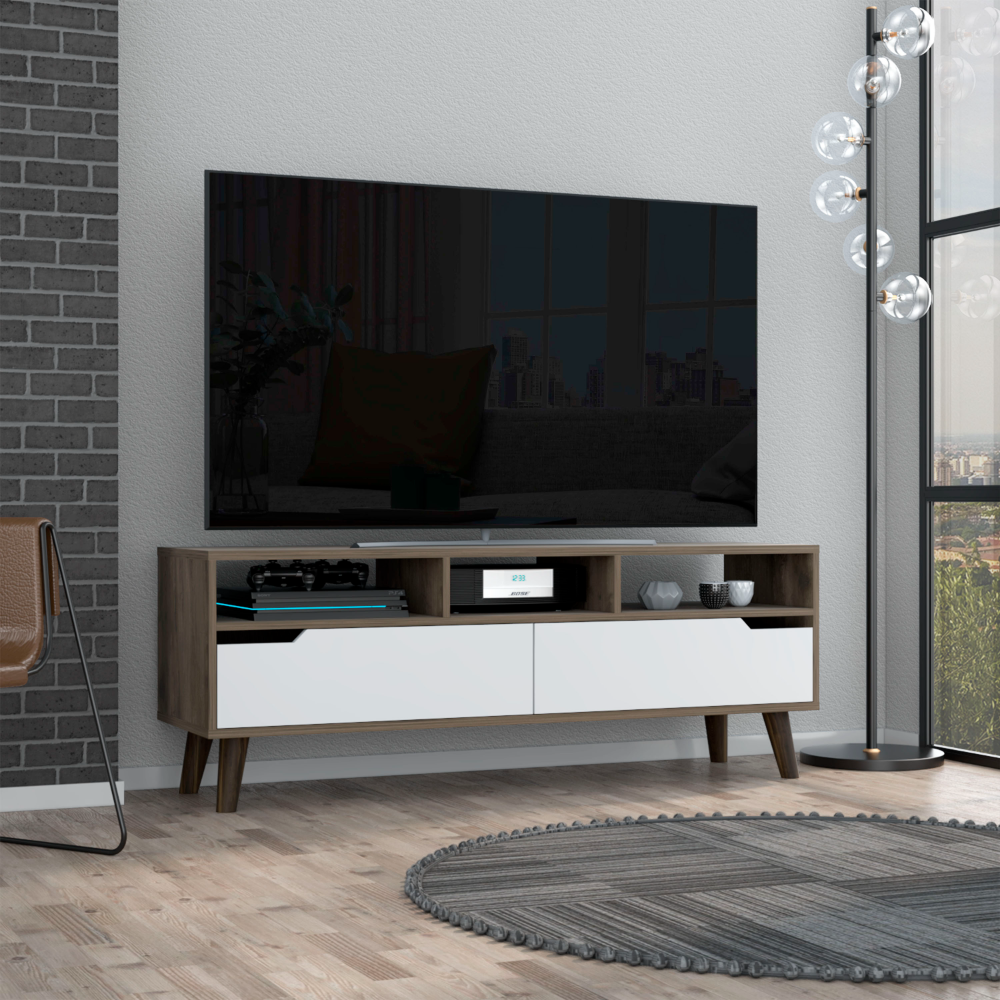 TV Stand for 52" TVs, 3 Shelves & 2 Drawers - Walnut/White