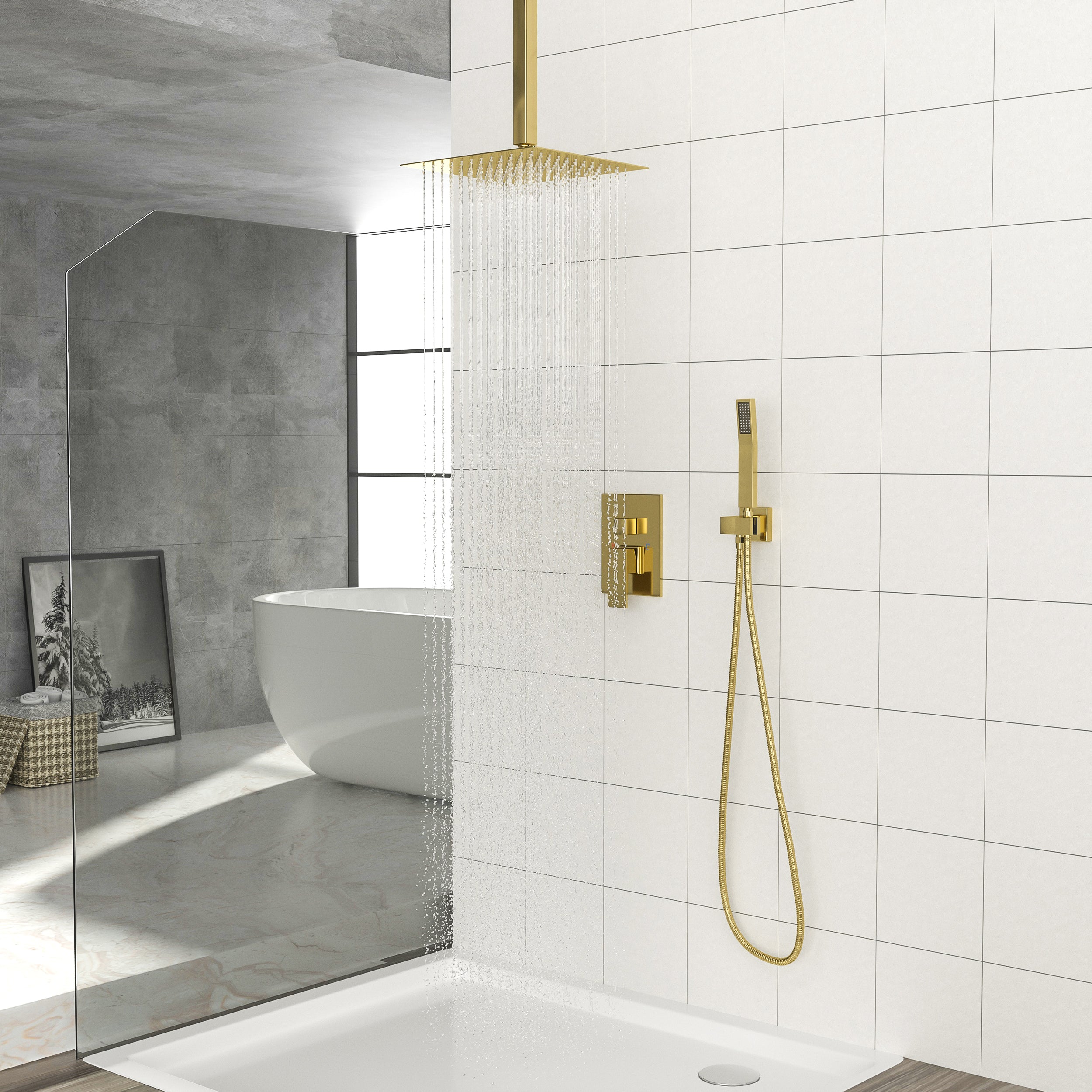 Gold Dual Shower Head: 12" Square Ceiling Mount