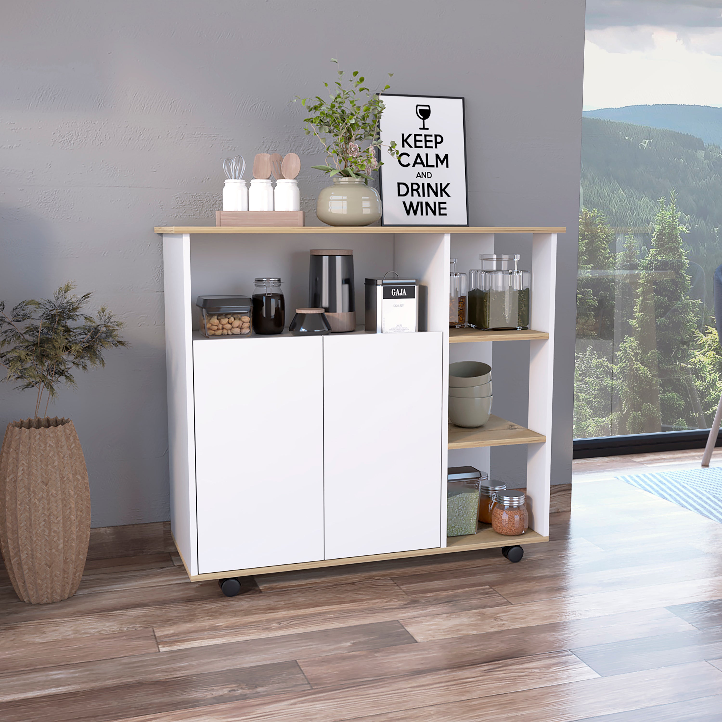 Benton Kitchen Island: 4-Shelf Oak & White