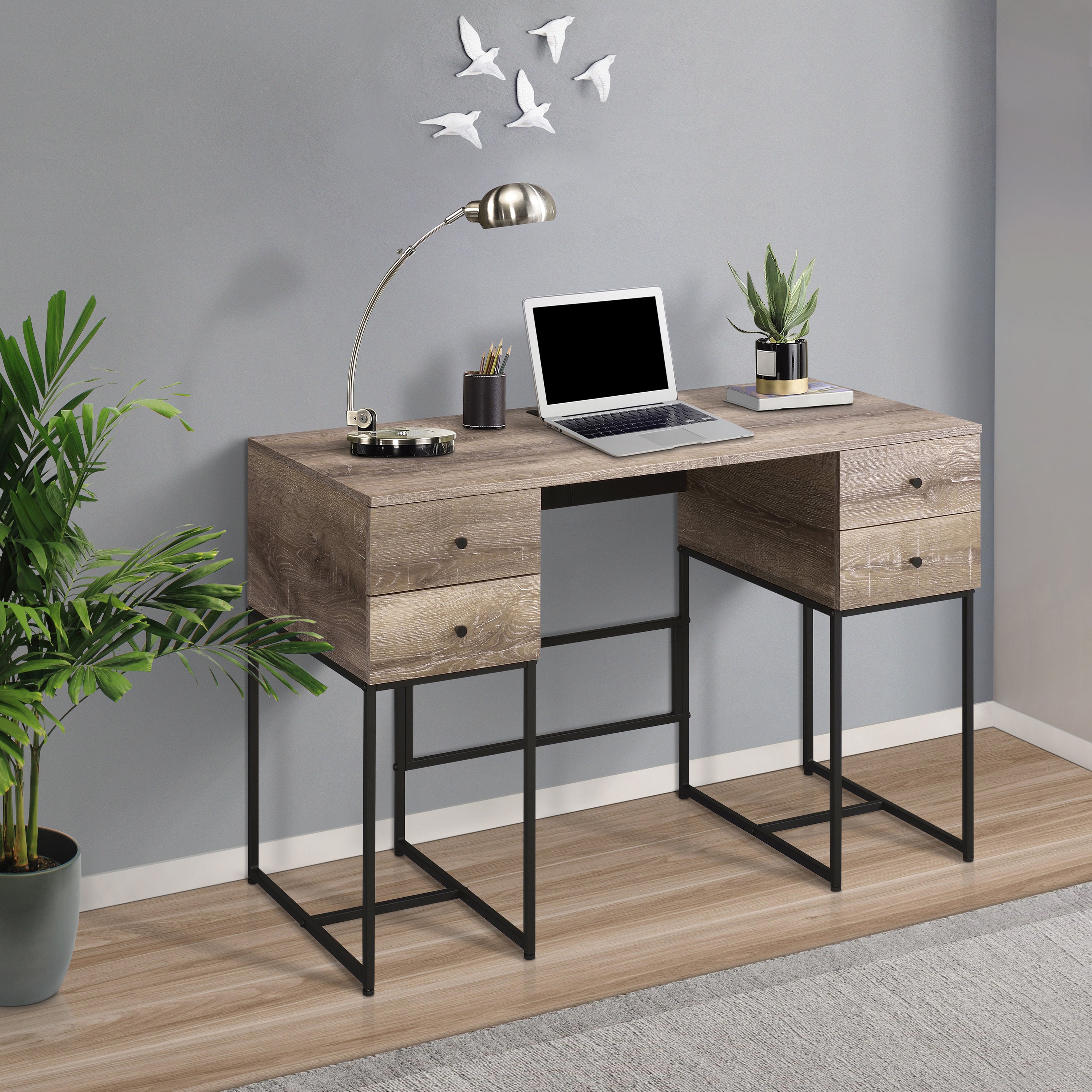 Rustic Oak & Black 4-Drawer Writing Desk