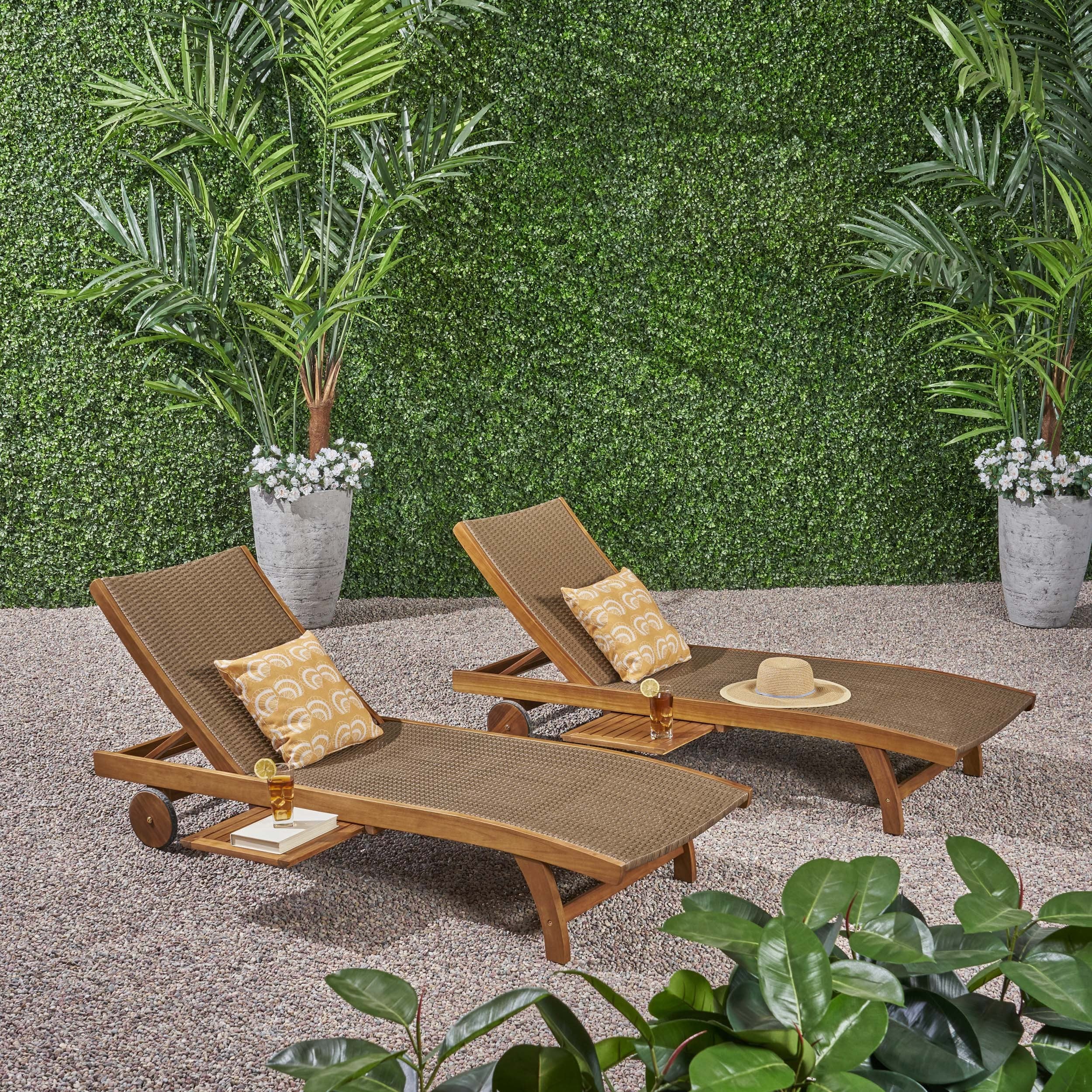 Banzai Chaise Lounge Set: 2 Outdoor Chairs w/ Pull-Out Tray