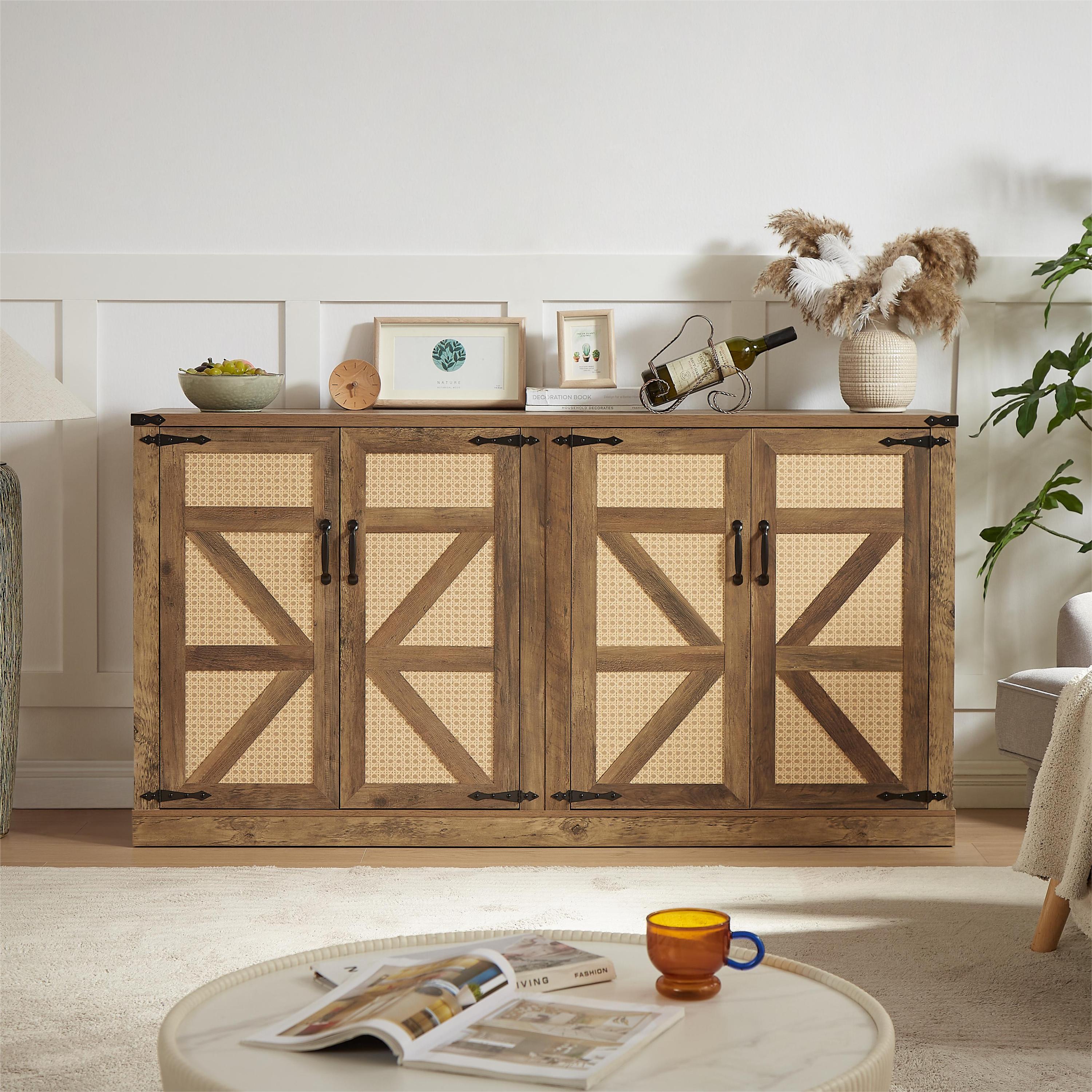 Rustic Oak Faux Rattan Sideboard (65" Wide)