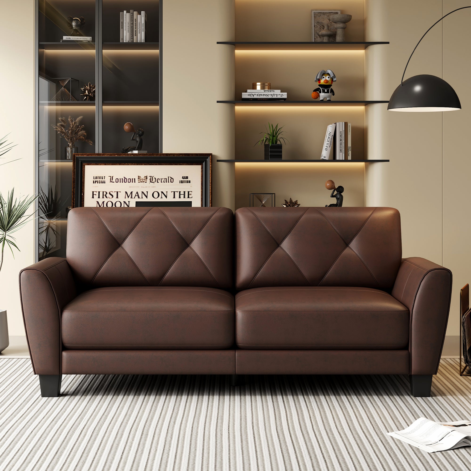 82' Genuine Leather match Two-Over-Two Sofa Living room coach Transitional sofa - Honey Brown