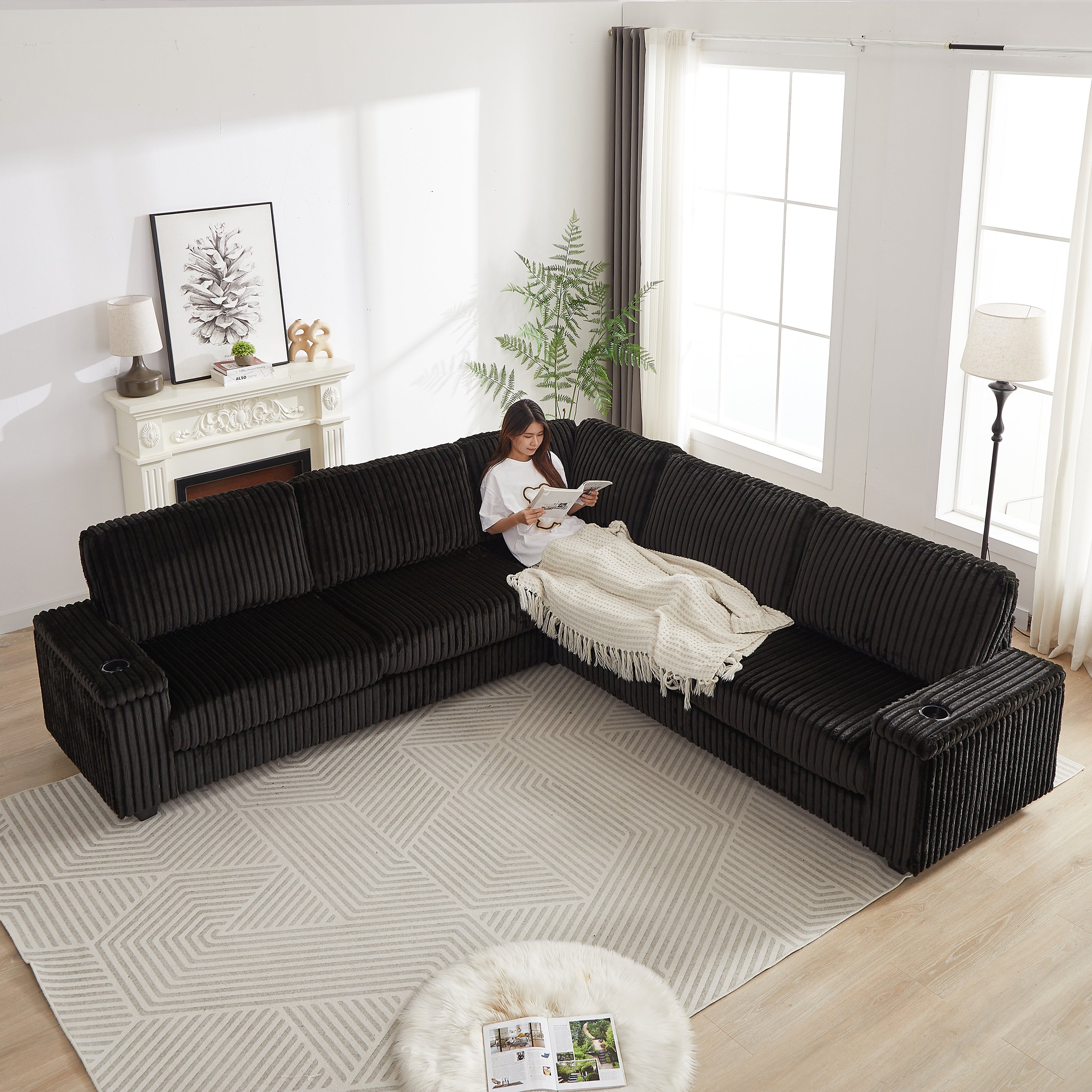 110" Oversized Corduroy Corner Sofa w/ Storage & USB