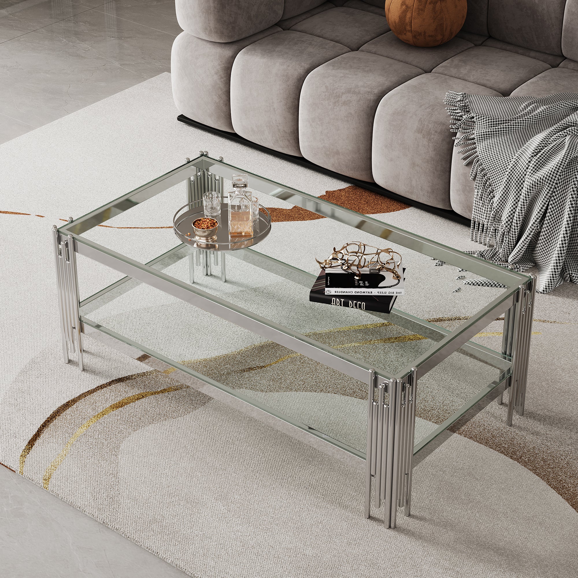 Glass Coffee Table: Tempered Glass & Steel Frame