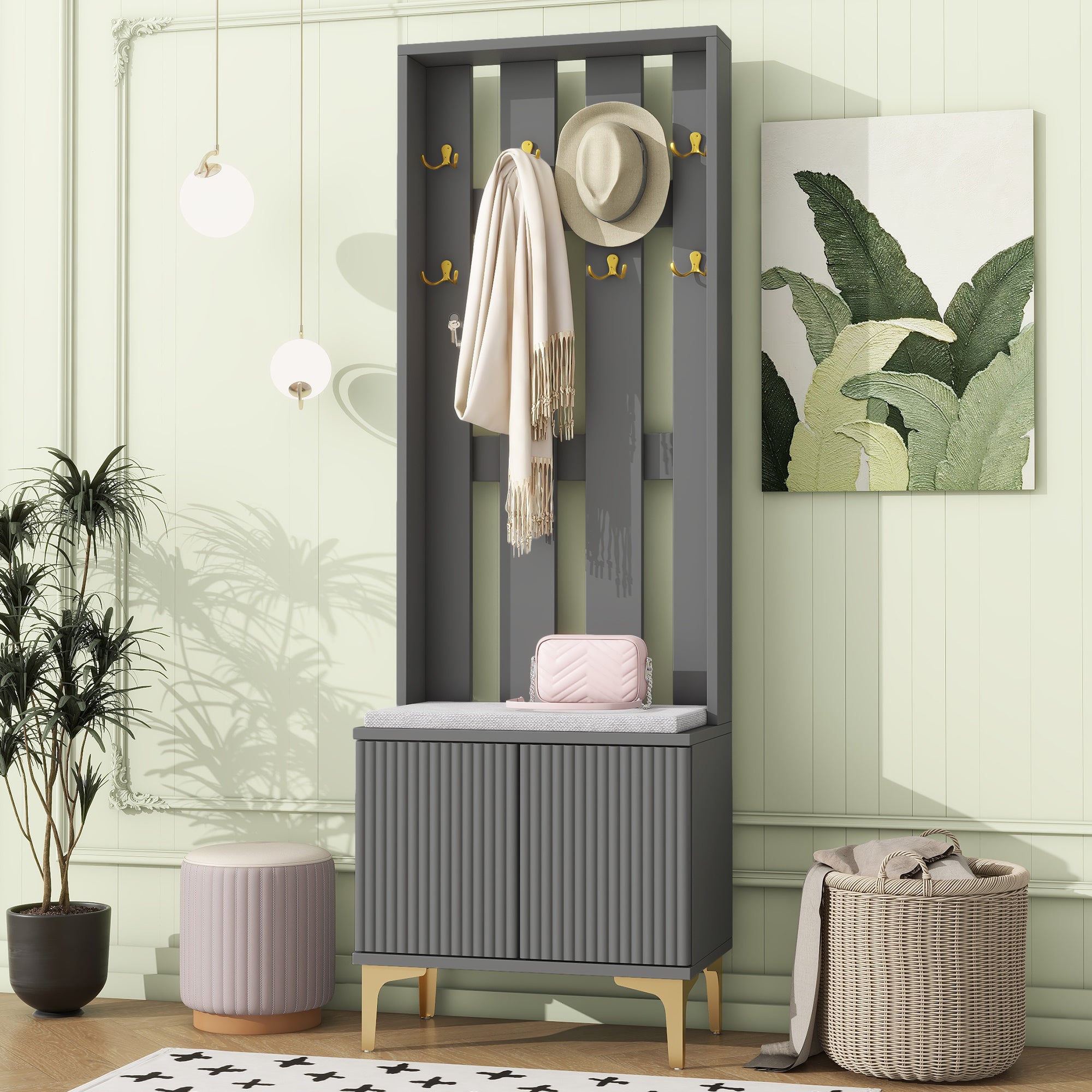 Modern 4-in-1 Hall Tree w/ Cushion & Gold Hooks (Grey)