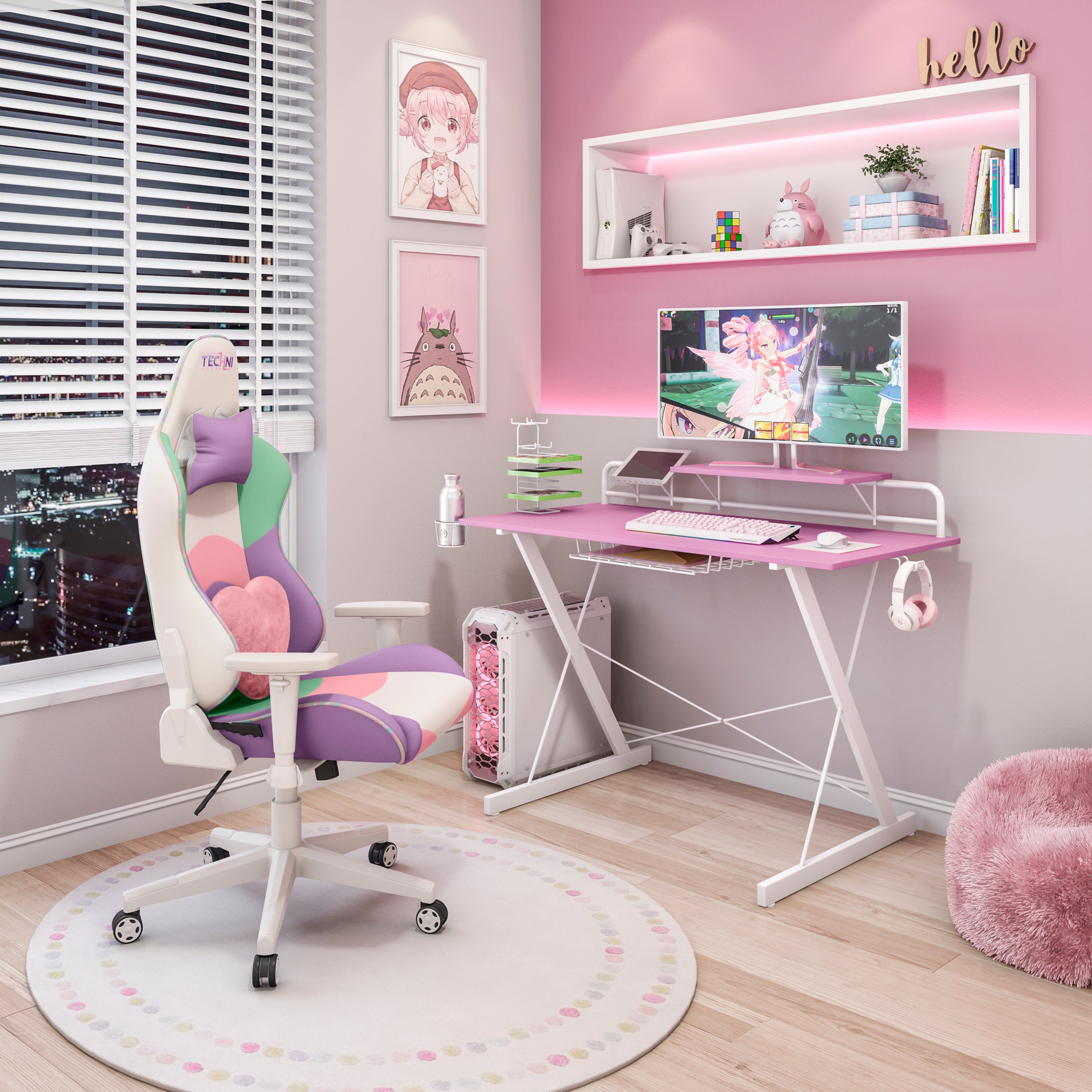 Pink Gaming Desk w/ Shelves