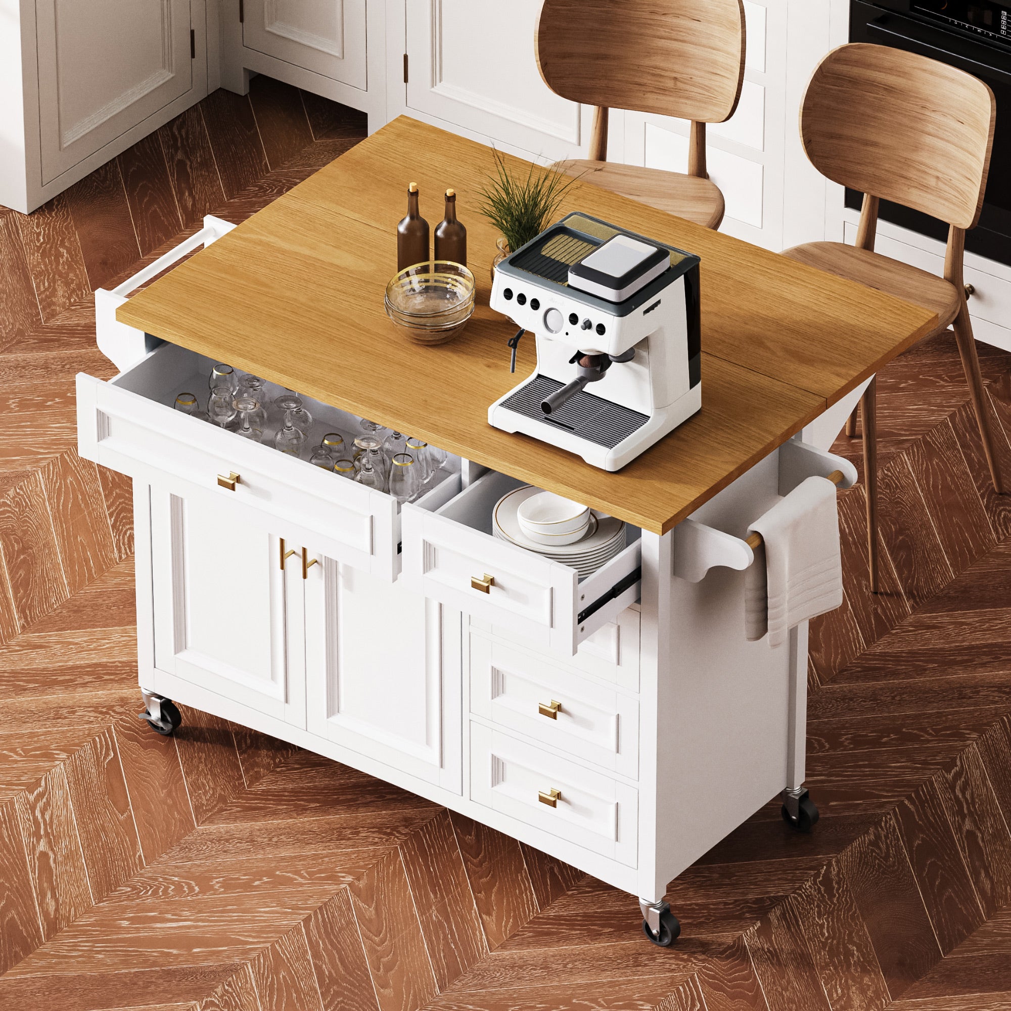 52" Rolling Kitchen Island: Drop Leaf, Spice Rack & Storage (White)