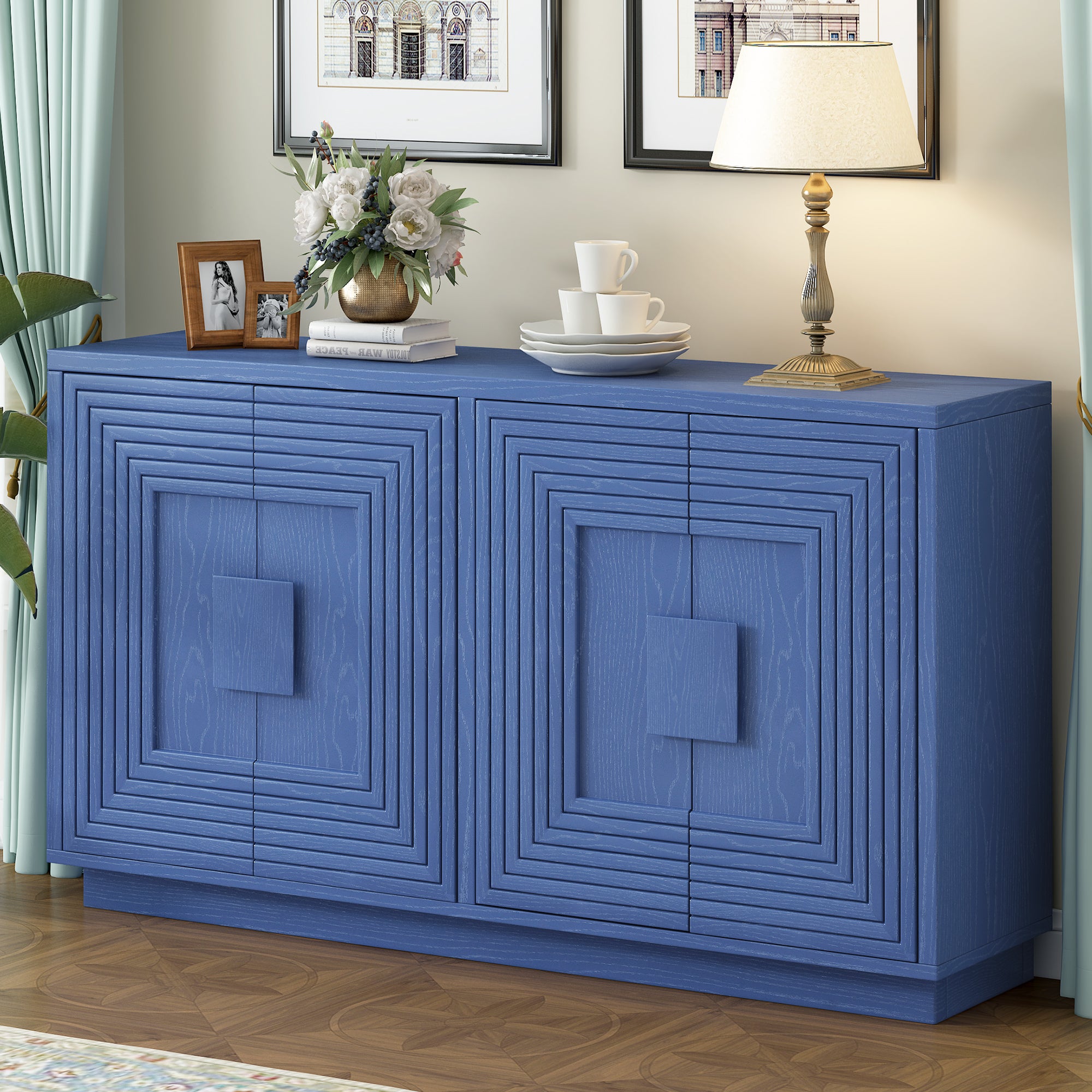 Navy Blue Buffet Cabinet: 4-Door Vintage Storage
