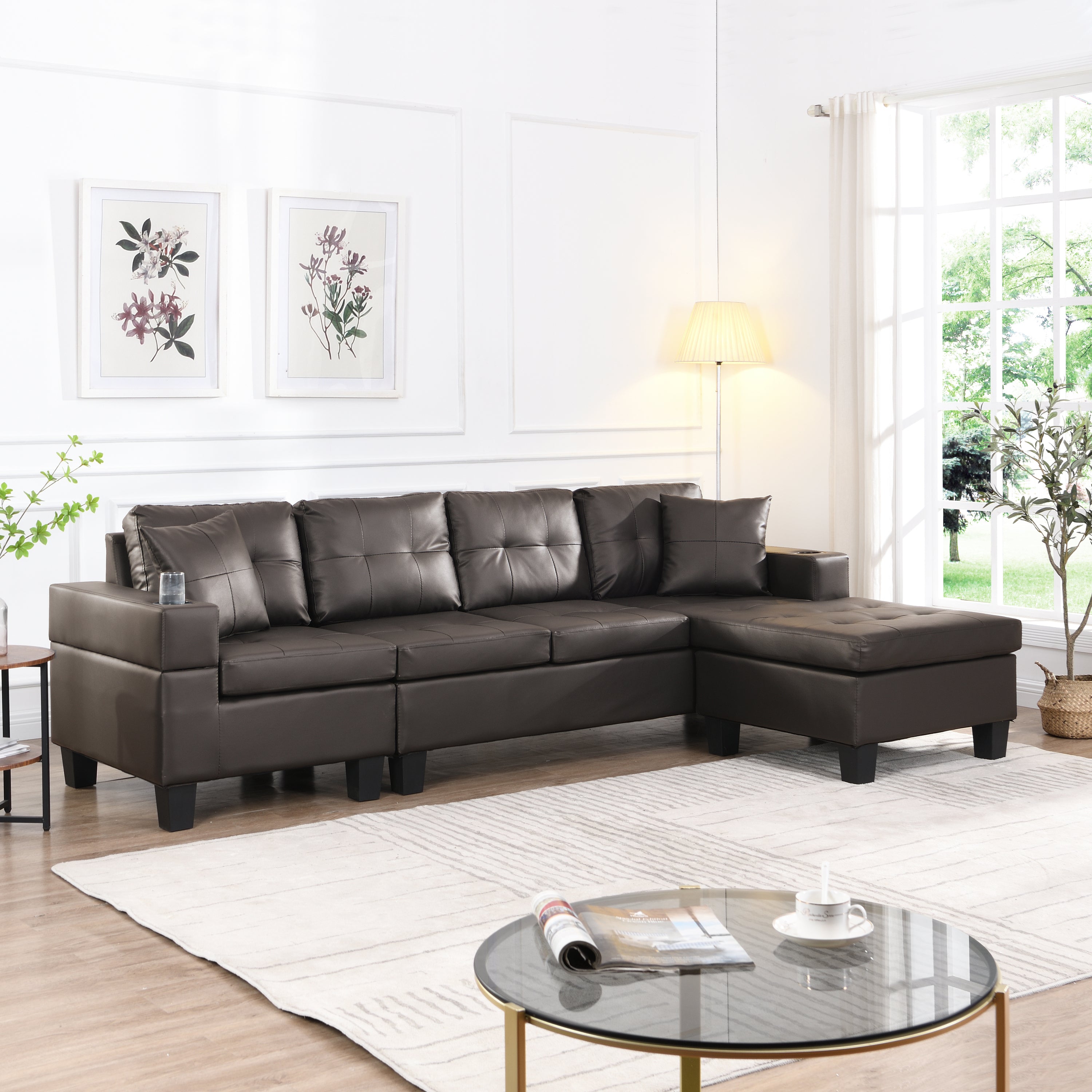 Modern L-Shaped Sectional Sofa w/ Chaise & Cupholder (Chocolate)