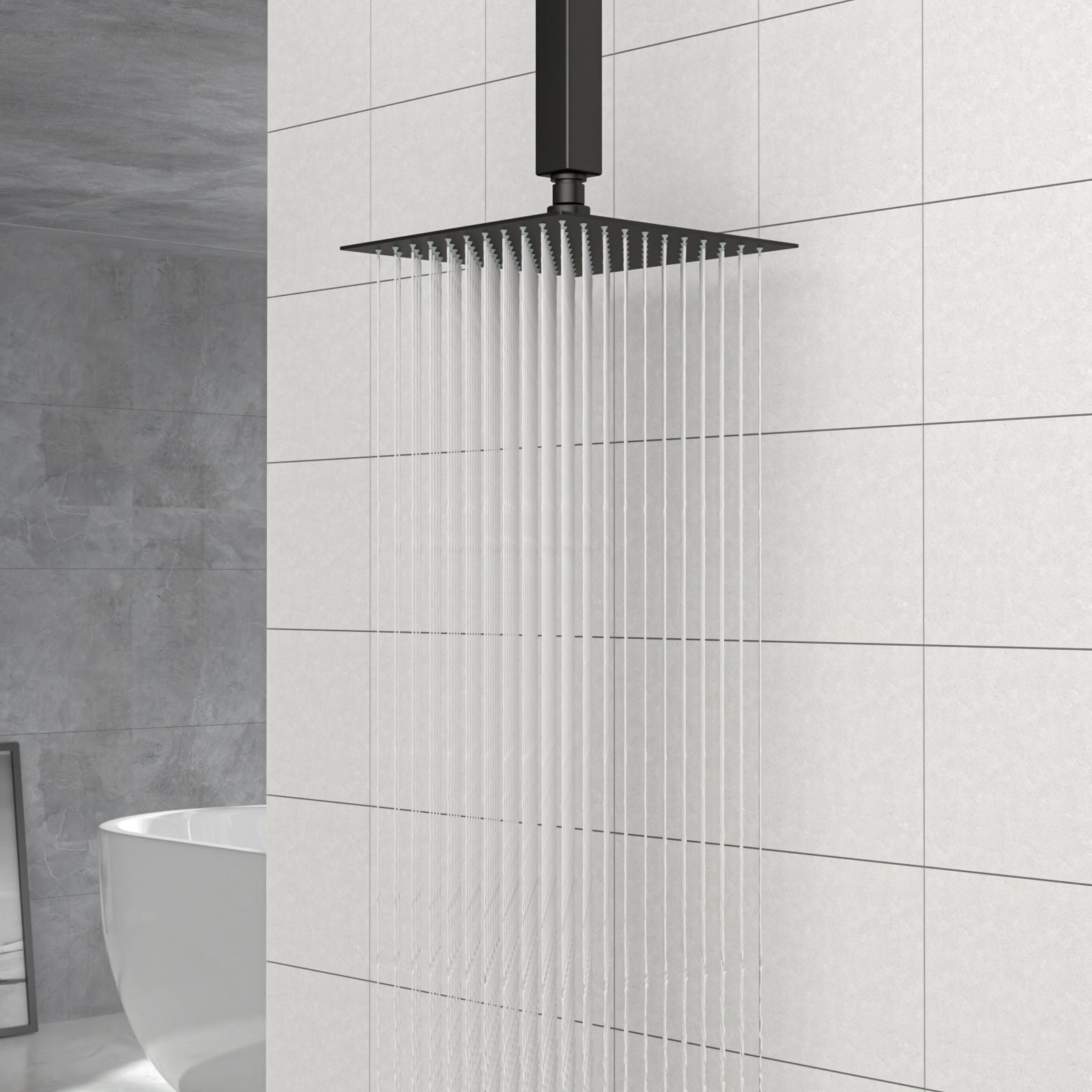 8' Black Rainfall Shower Head: Wall/Ceiling Mount
