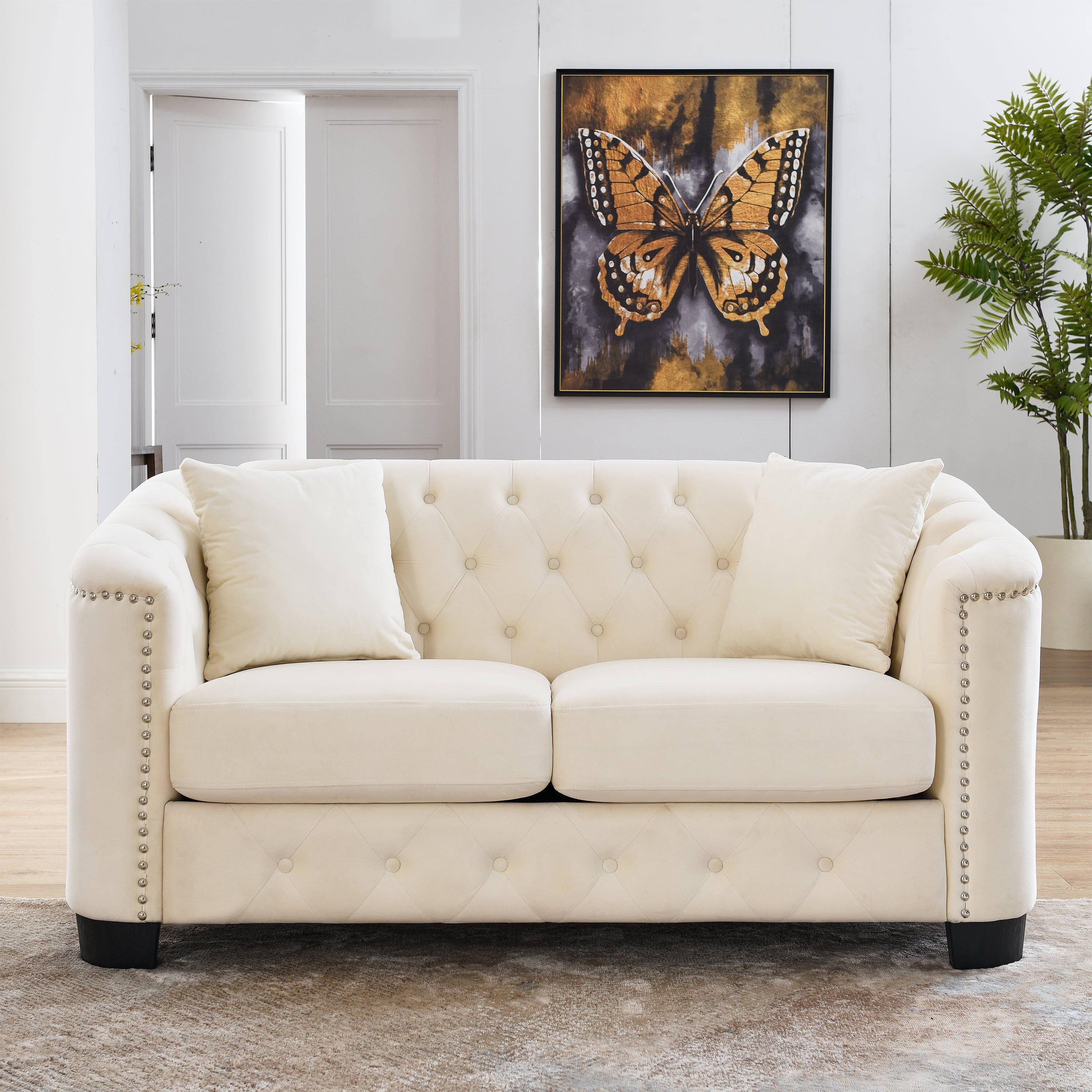 Beige Velvet Chesterfield Sofa: 59" 2-Seater