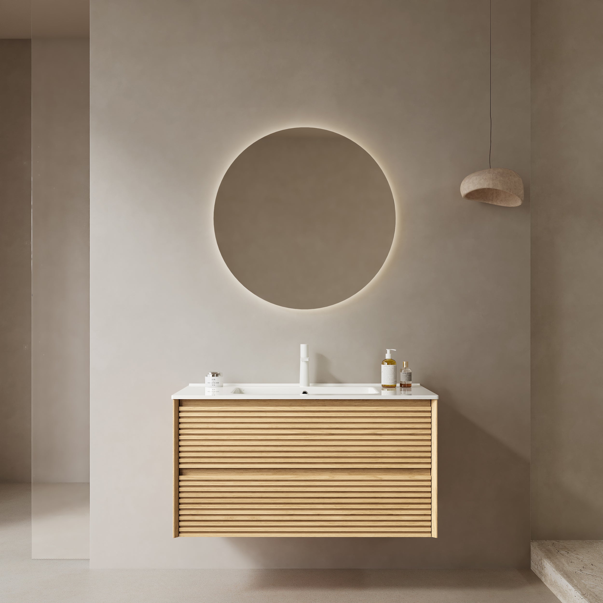 BRON 36" Floating Vanity: Modern Oak Bathroom Storage