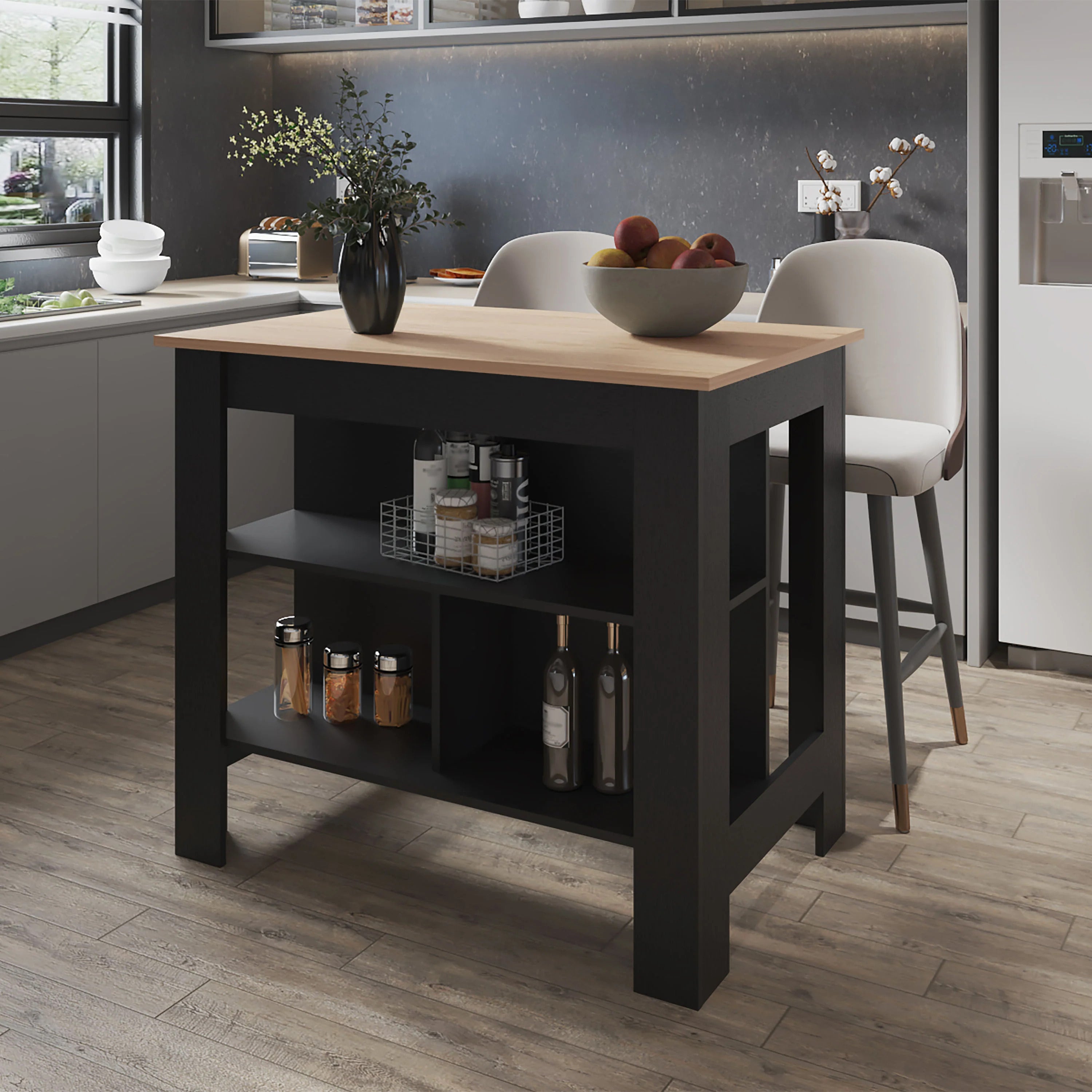 Black & Light Pine Kitchen Island: Open Storage