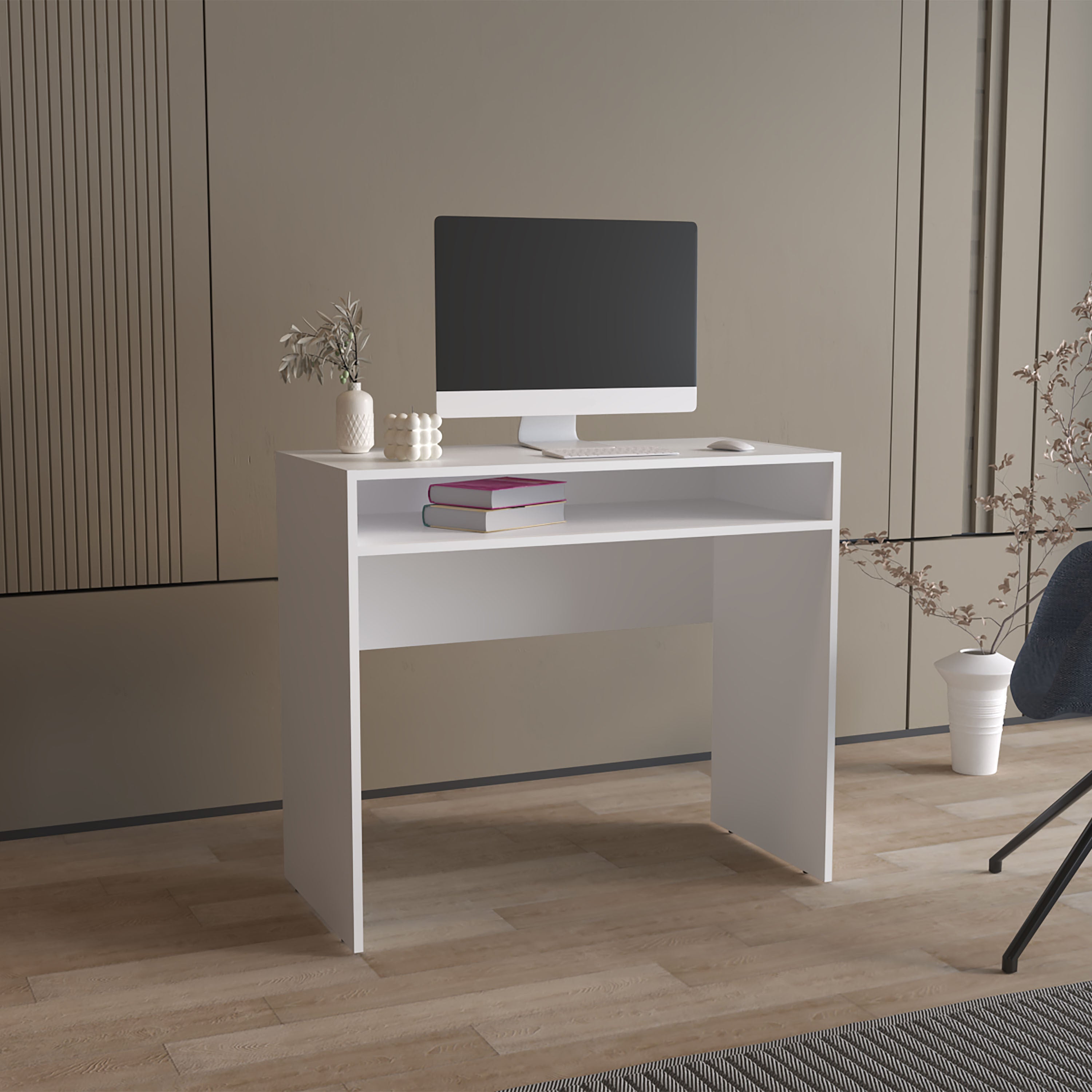 White Computer Desk with Shelf, 30.6"H