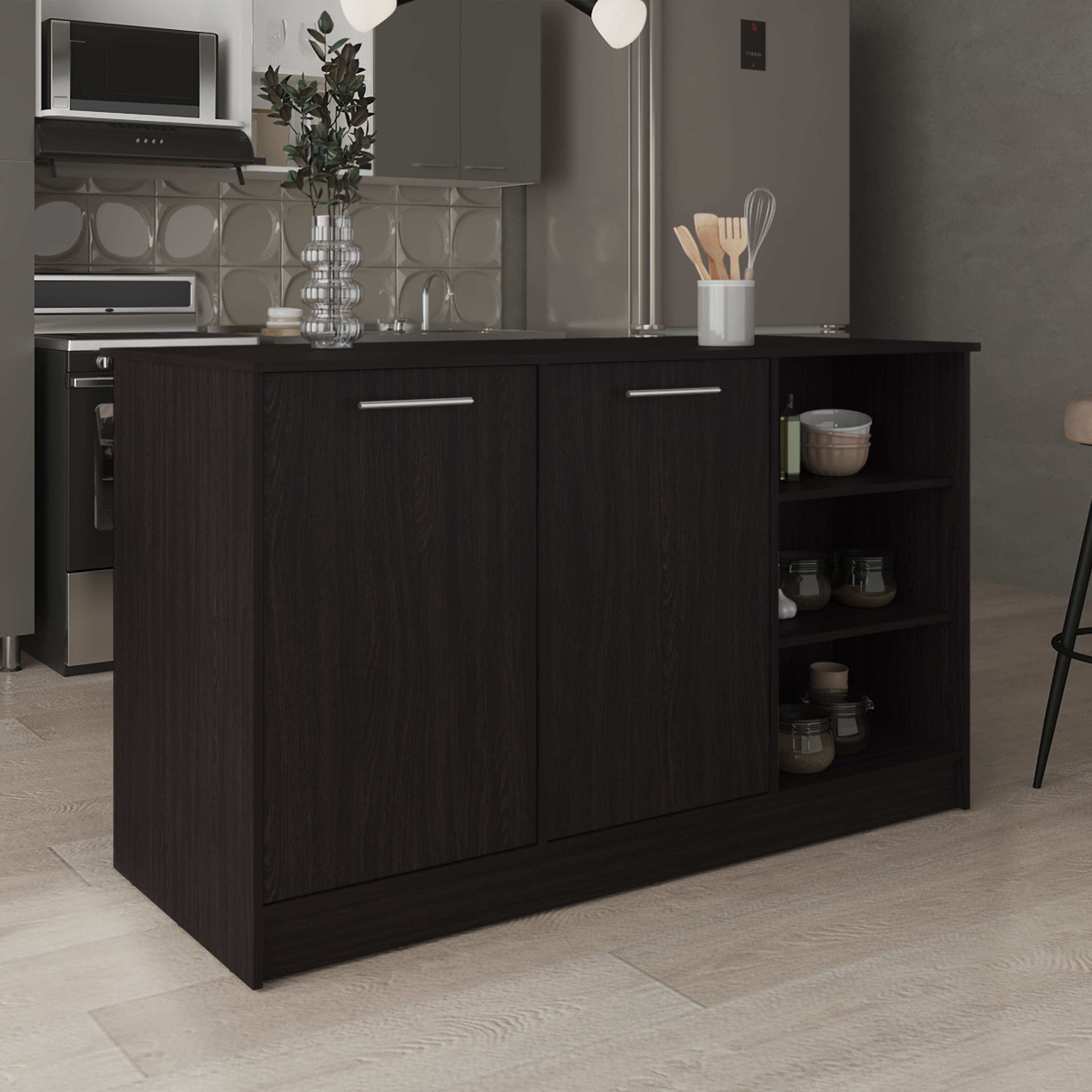 Black Ginger Kitchen Island w/ Shelves & Cabinets