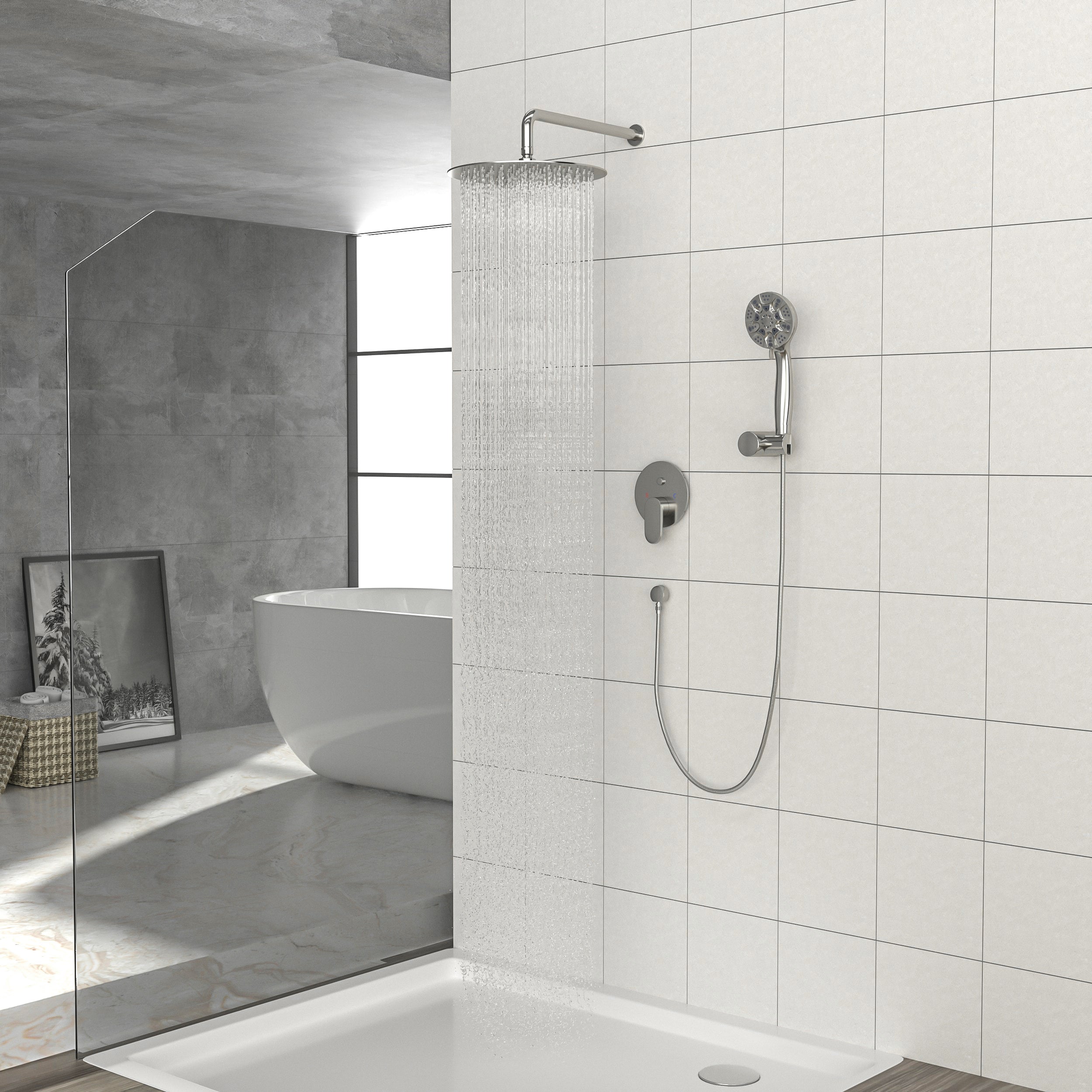 10" Rain Shower Head: Dual, Brushed Nickel, Wall Mount