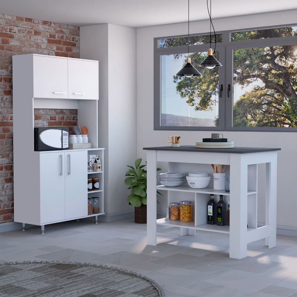 White & Onyx Kitchen Island & Pantry Set