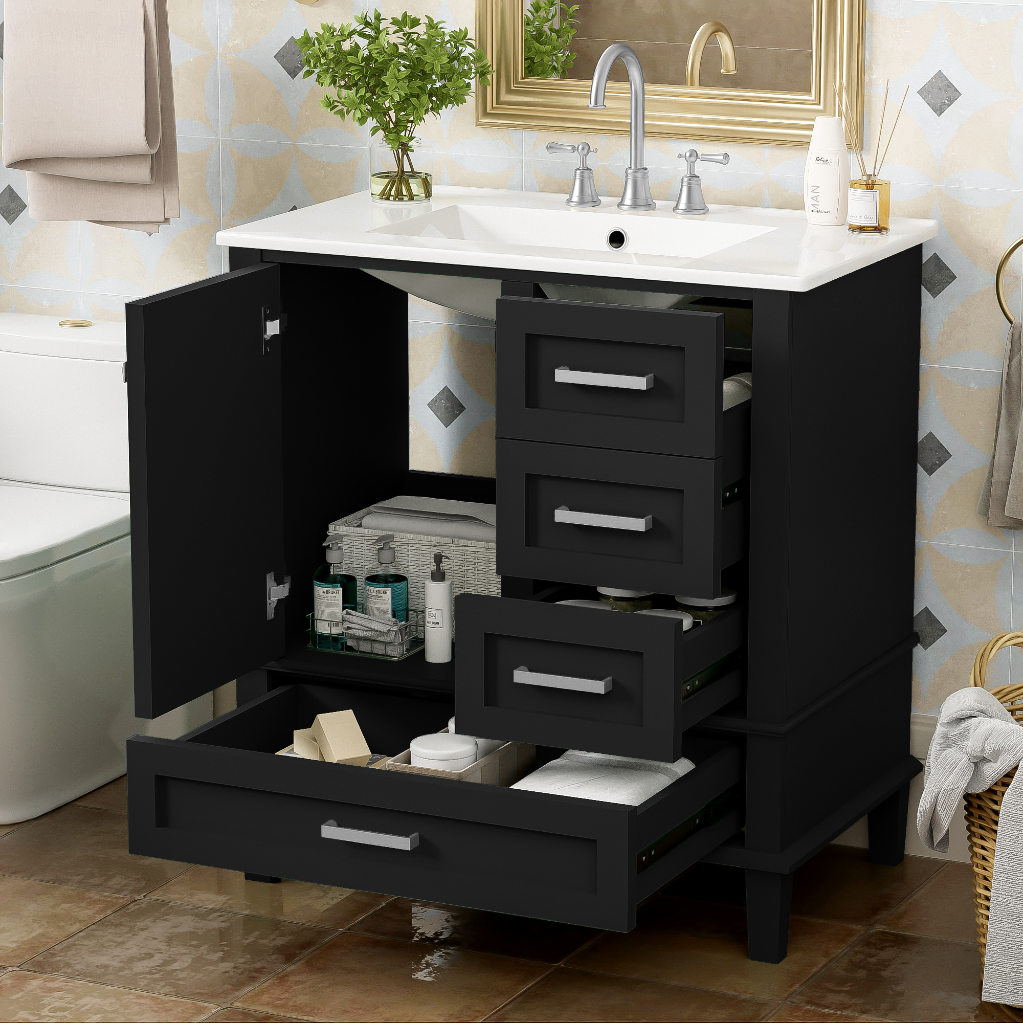 30" Black Modern Bathroom Vanity with Sink