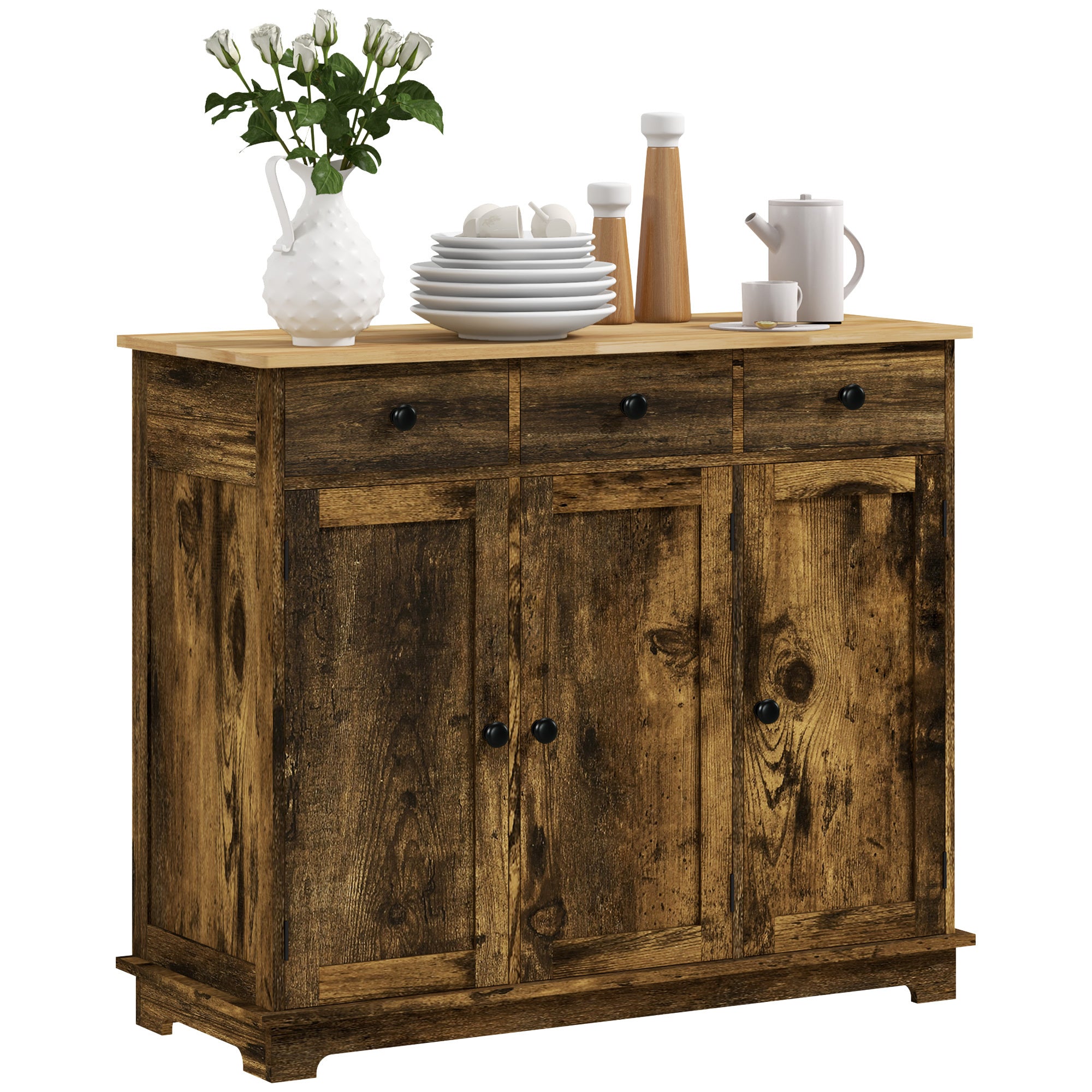 Sideboard with Solid Wood Top, Kitchen Storage Cabinet, Rustic Brown