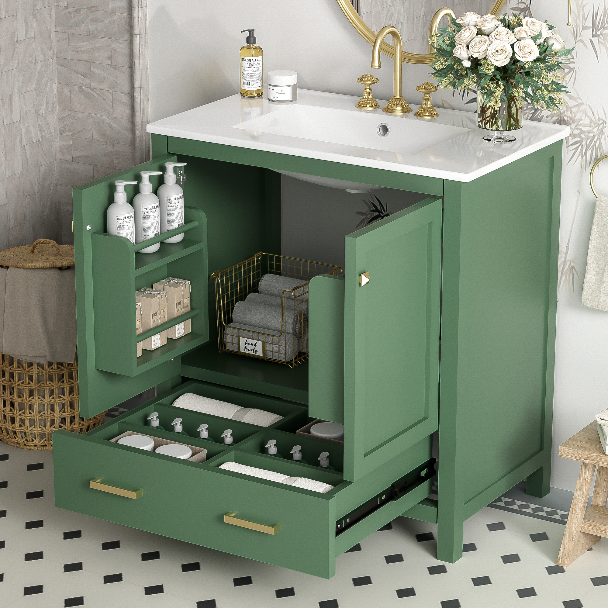 30" Green Bathroom Vanity with Sink & Storage