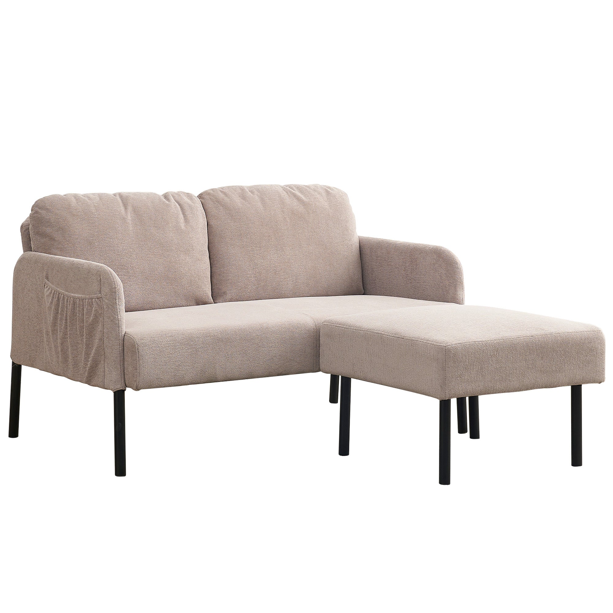 Beige L-Shaped Loveseat Sofa w/ Ottoman | Small Spaces