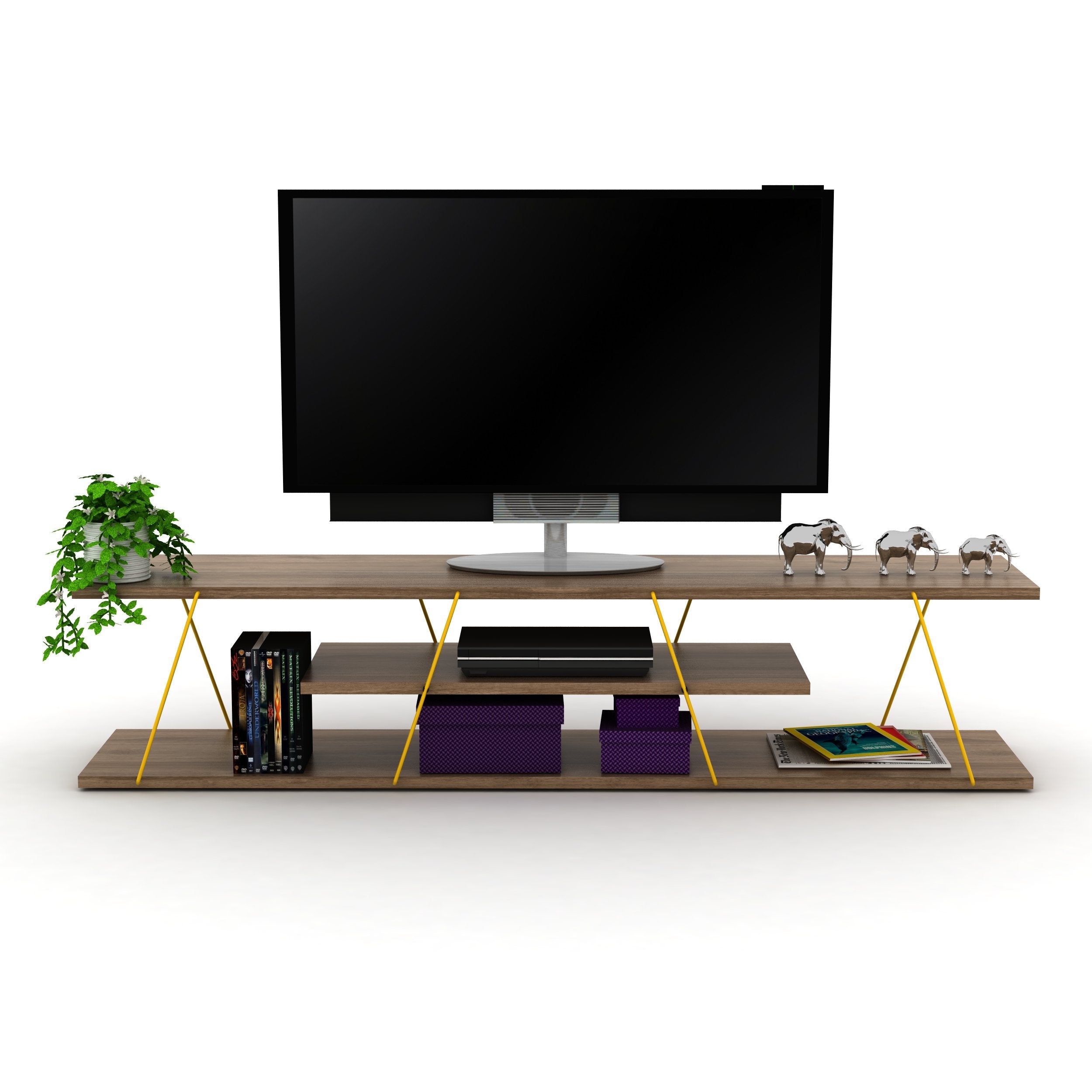 Tars Mid Century Modern TV Stand, Walnut/Yellow