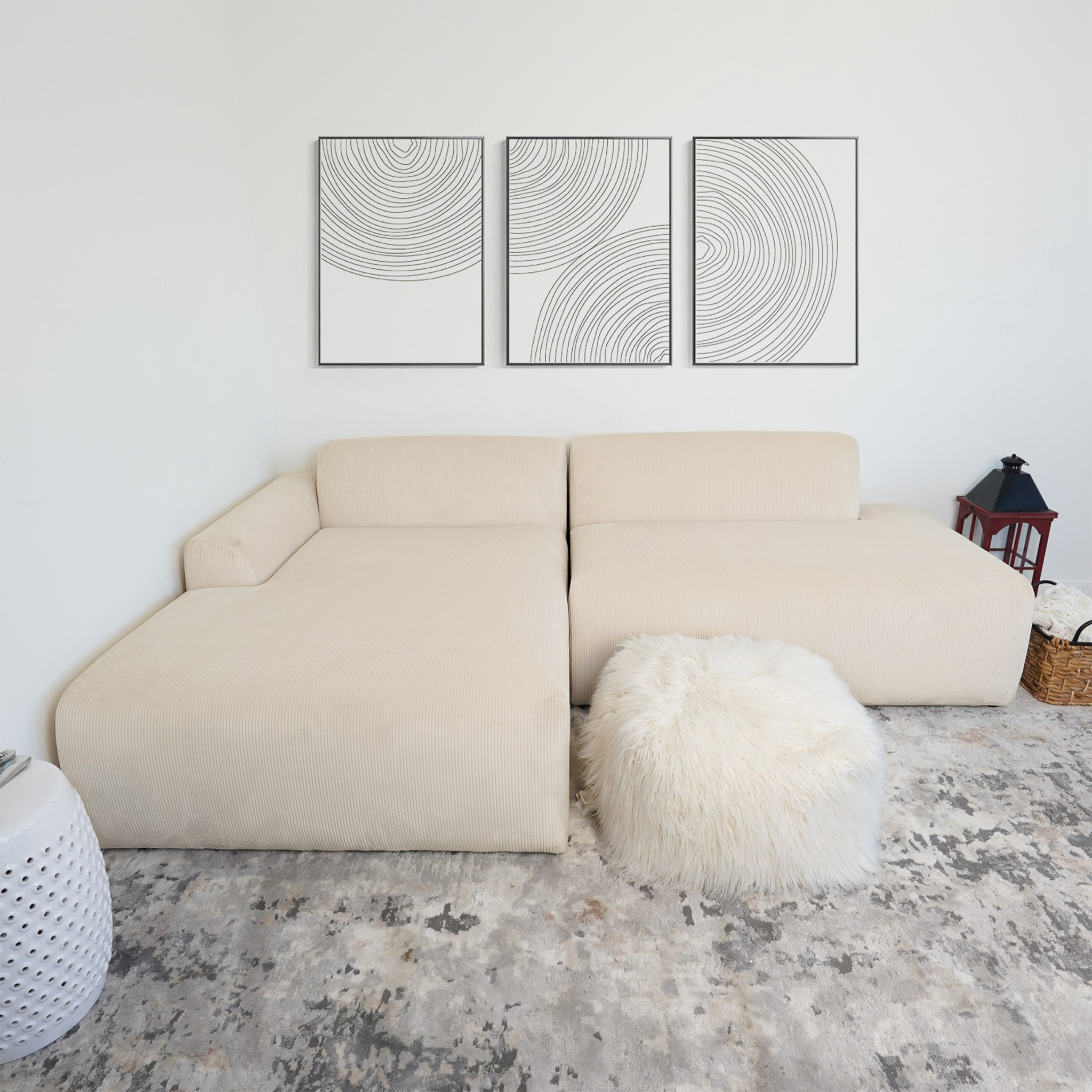 Cream Corduroy Sectional Sofa (Left-Facing)