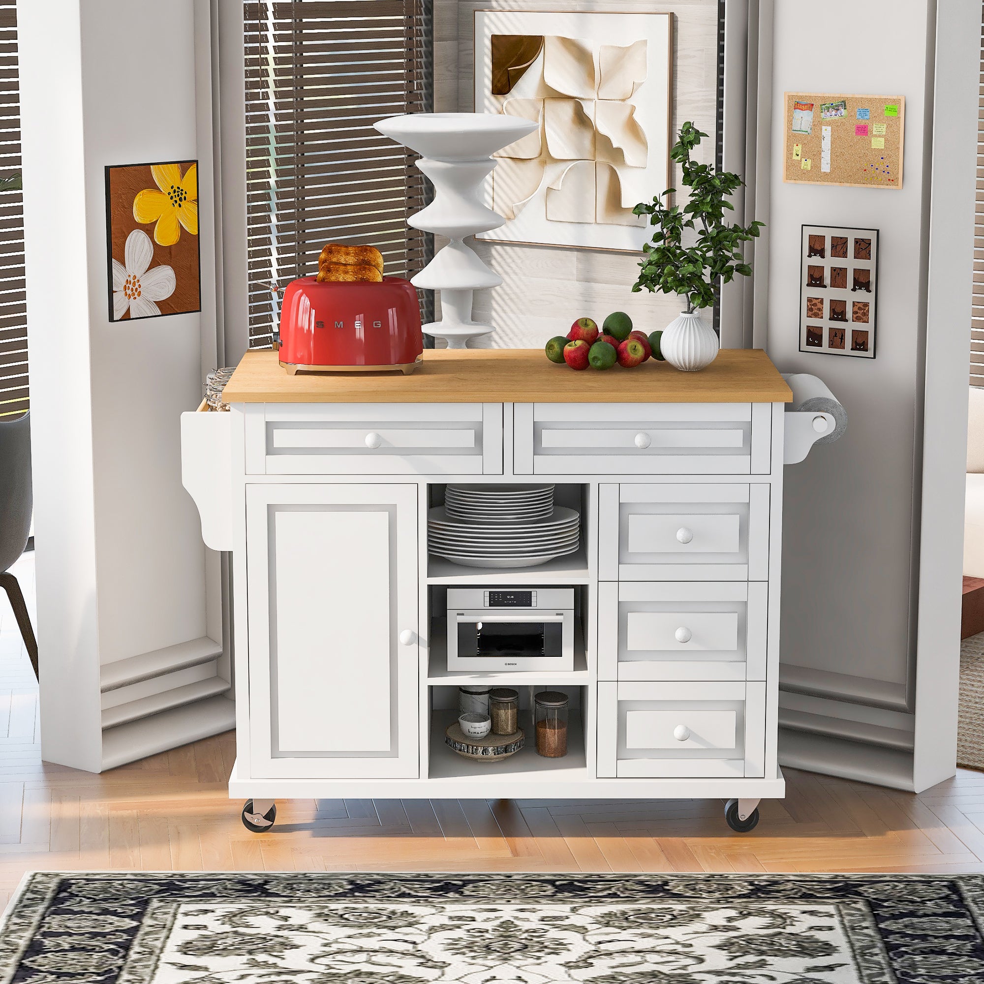 53" Rolling Kitchen Cart w/ Rubberwood Top & 5 Drawers - White