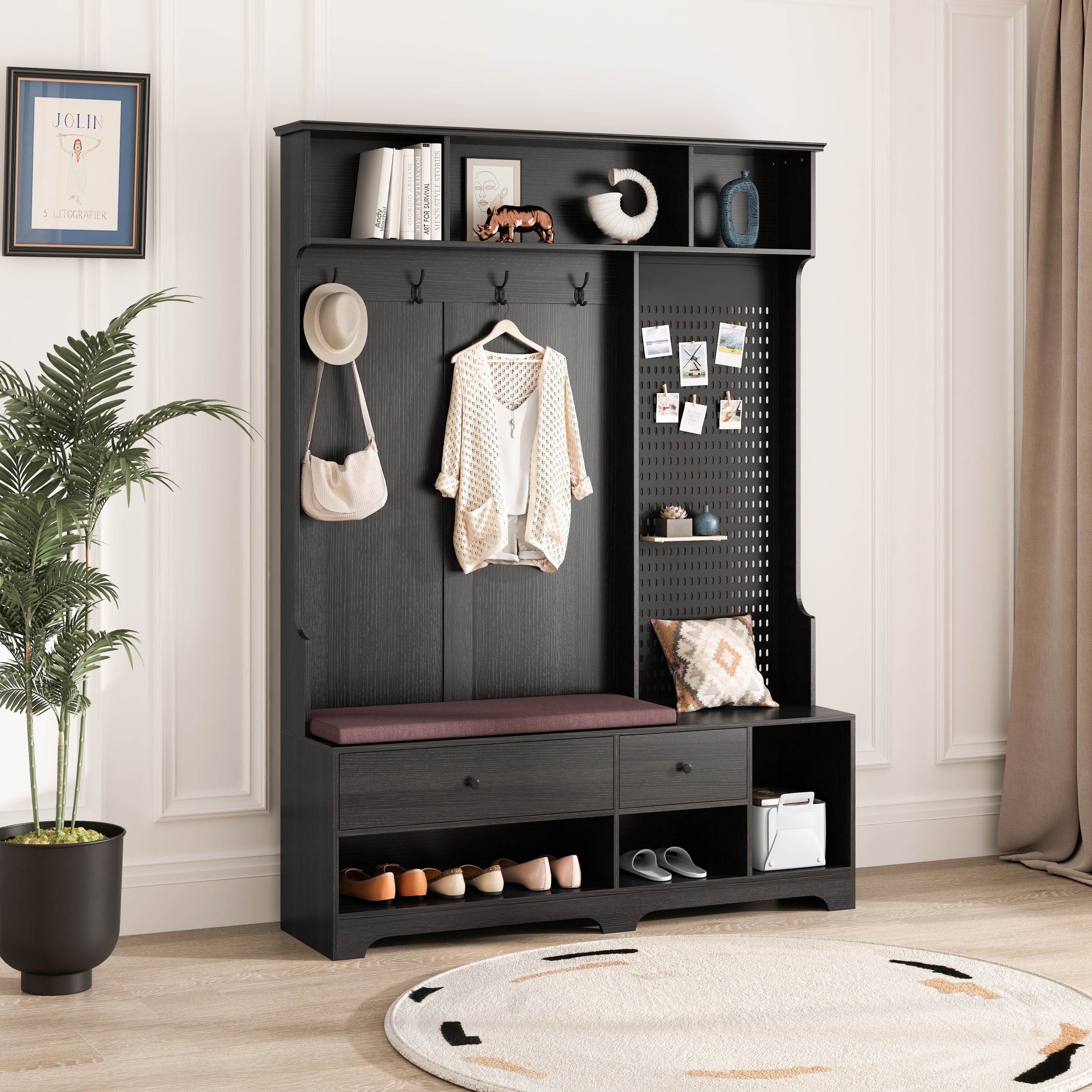 Hall Tree w/ Bench, Coat Rack & Storage - Black
