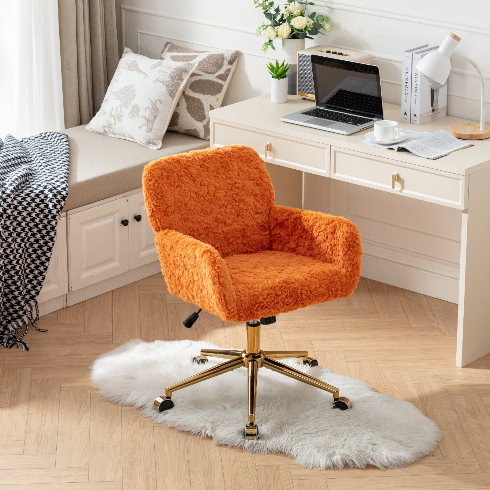 Orange Rabbit Fur Office Chair | Gold Base | Adjustable Desk Chair