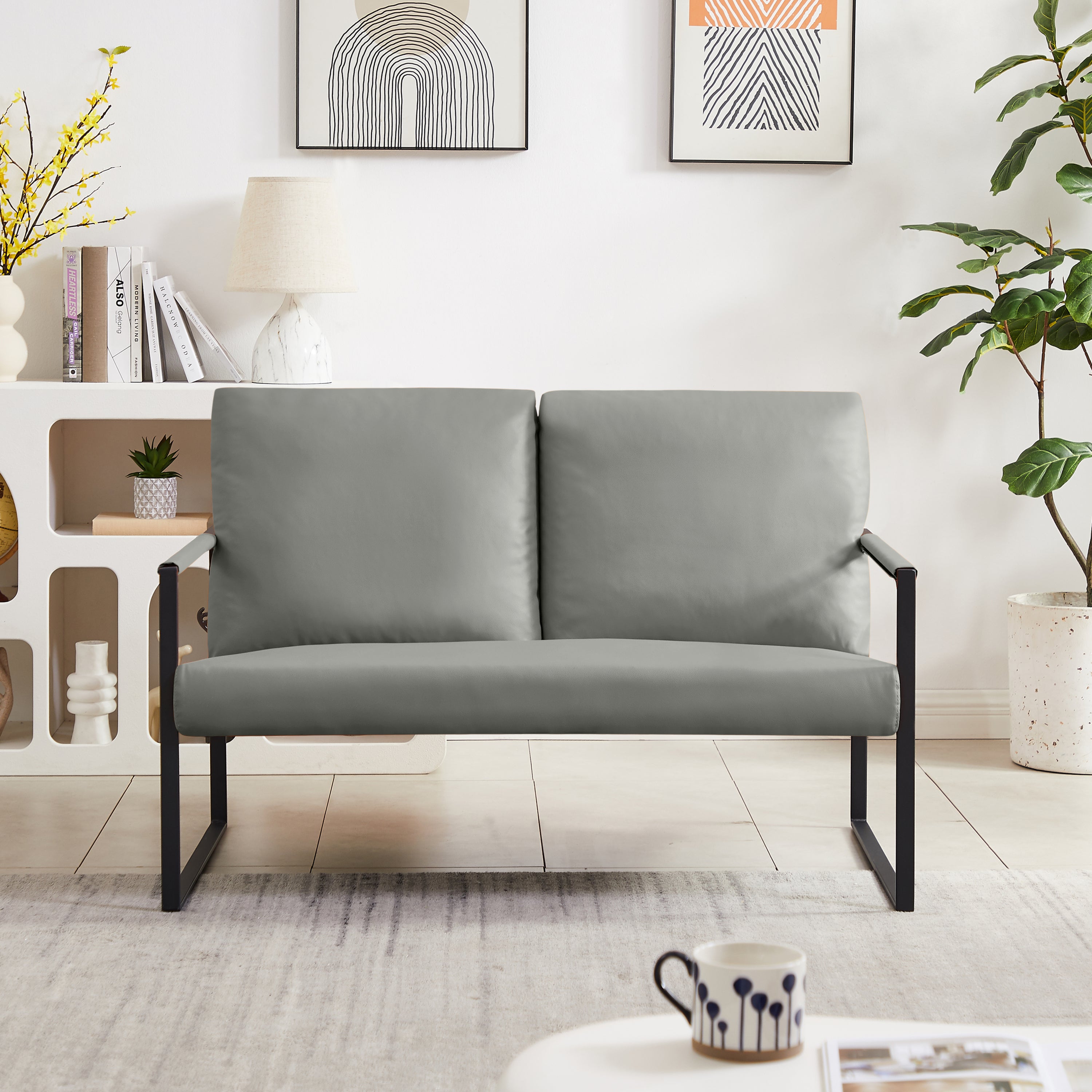 Gray PVC Leather Accent Armchair w/ Thick Cushions