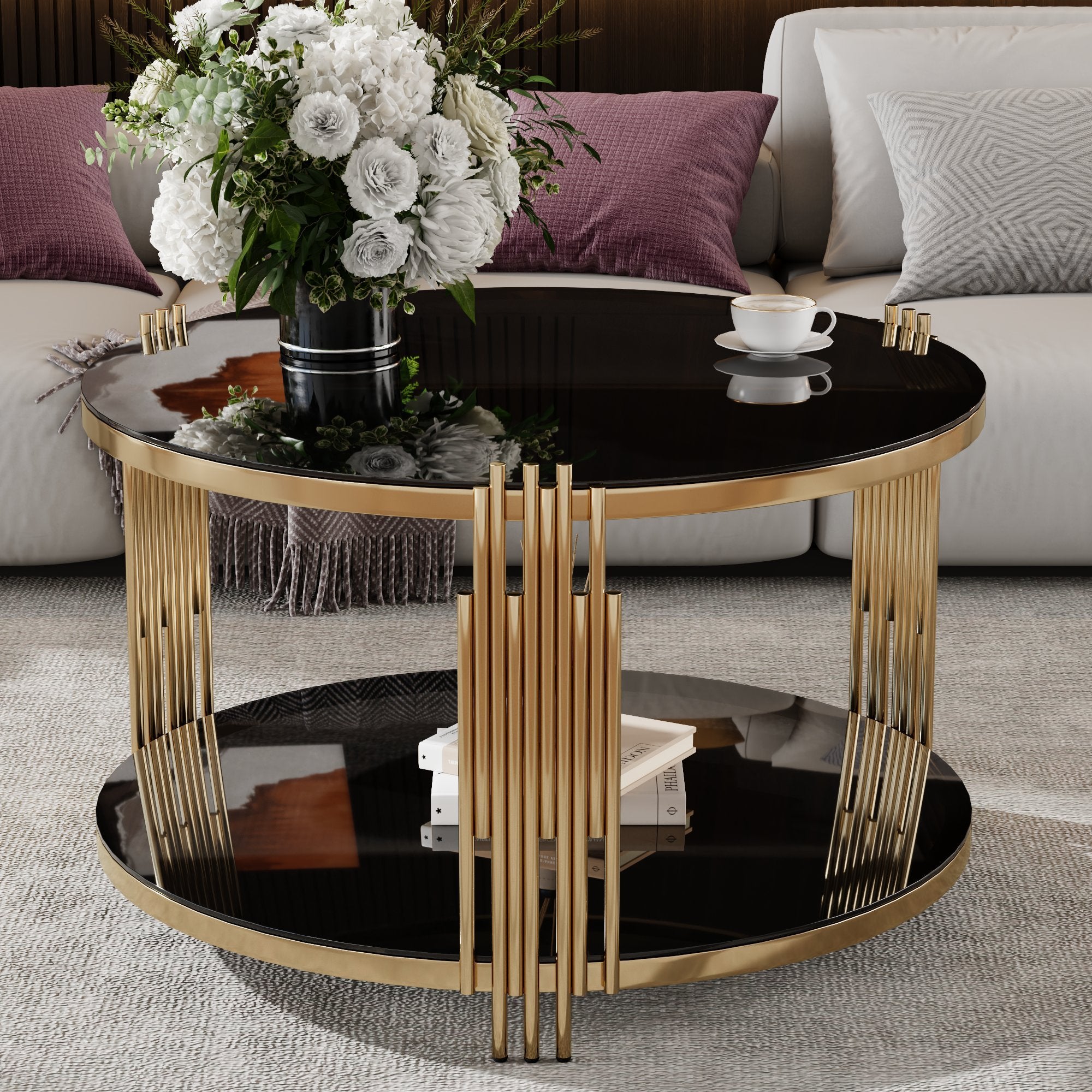 Modern Black Mirror Coffee Table | Gold Metal Base