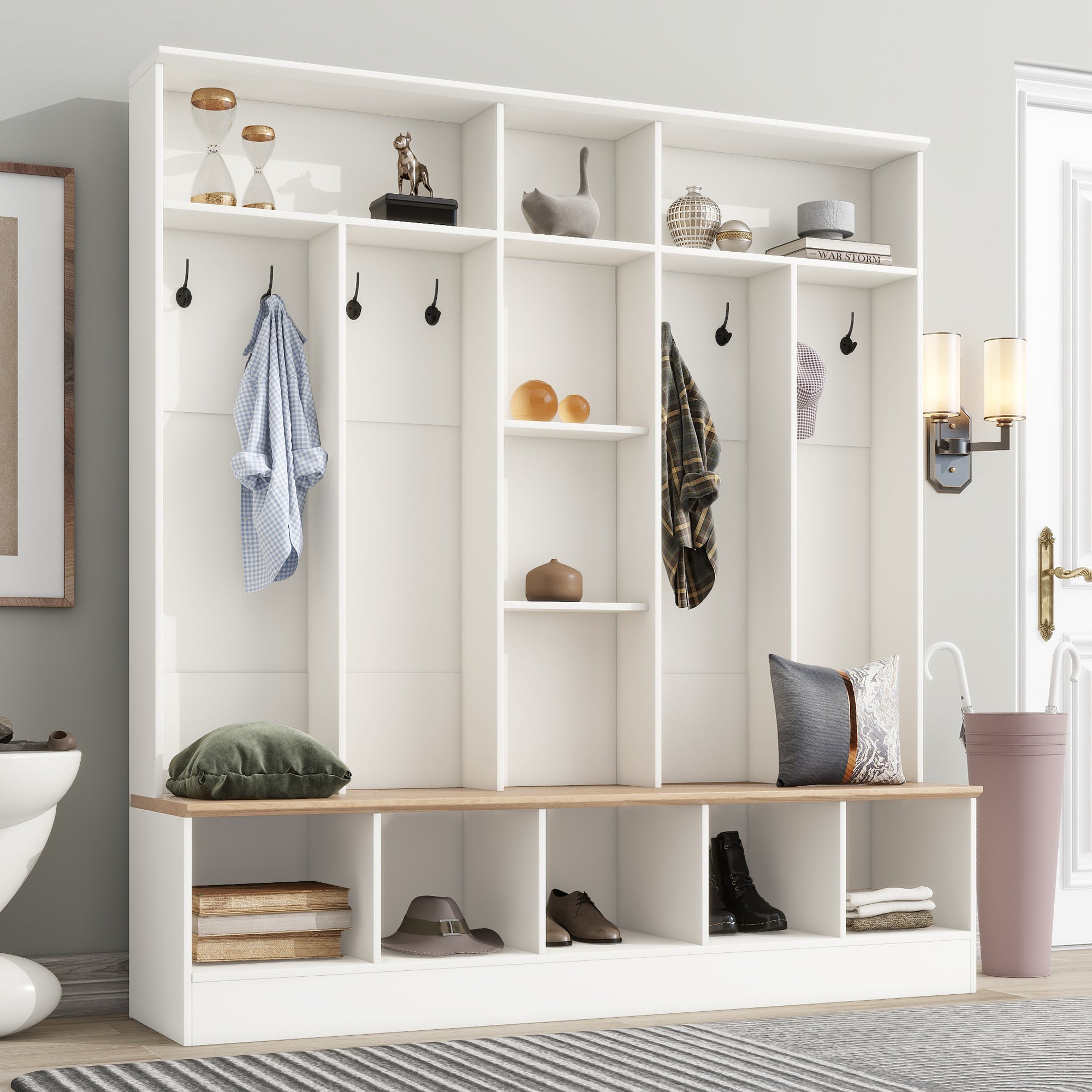 Wide Hall Tree with Storage Bench & Shoe Cabinet (White)