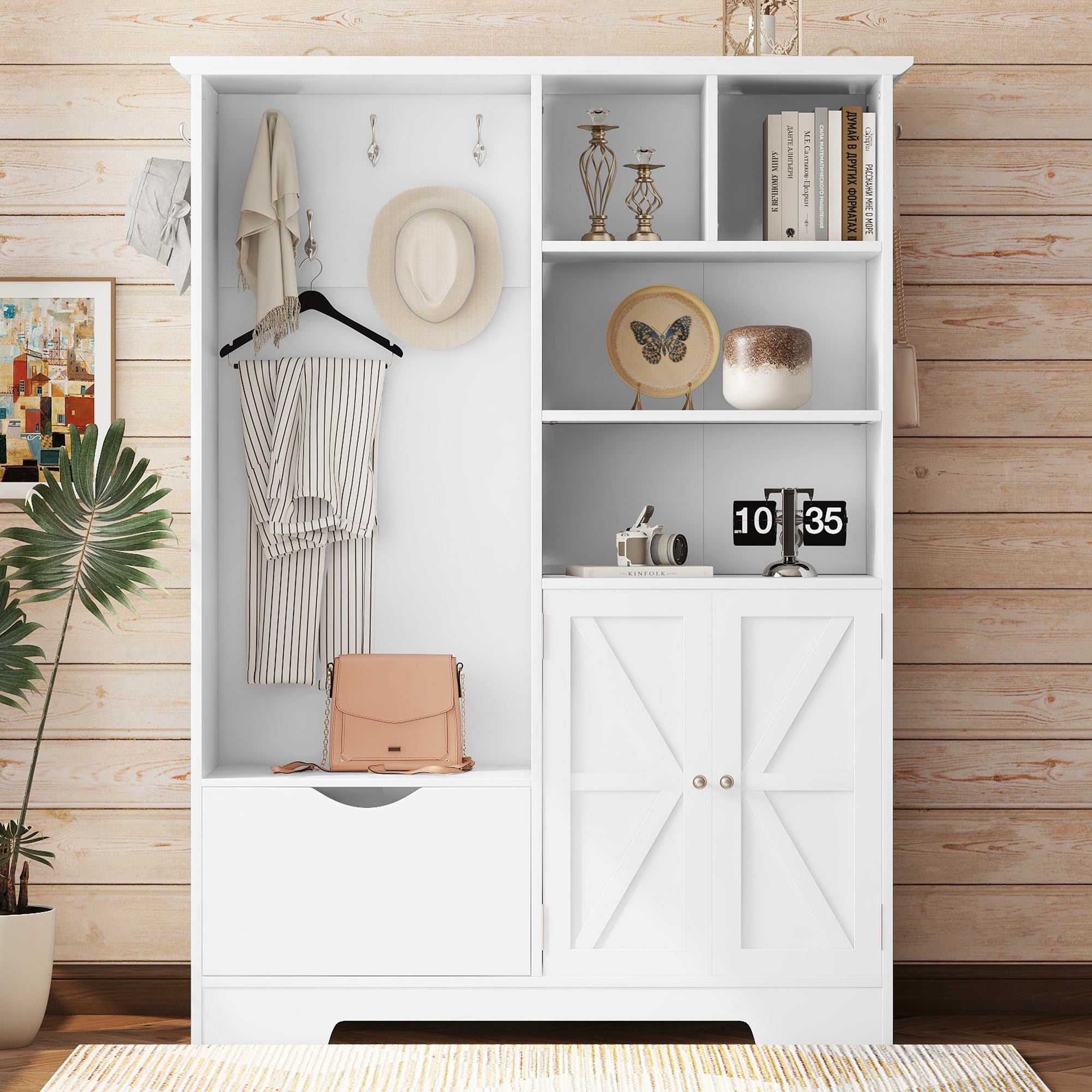 Modern Hall Tree w/ Storage, Bench & Hooks - White