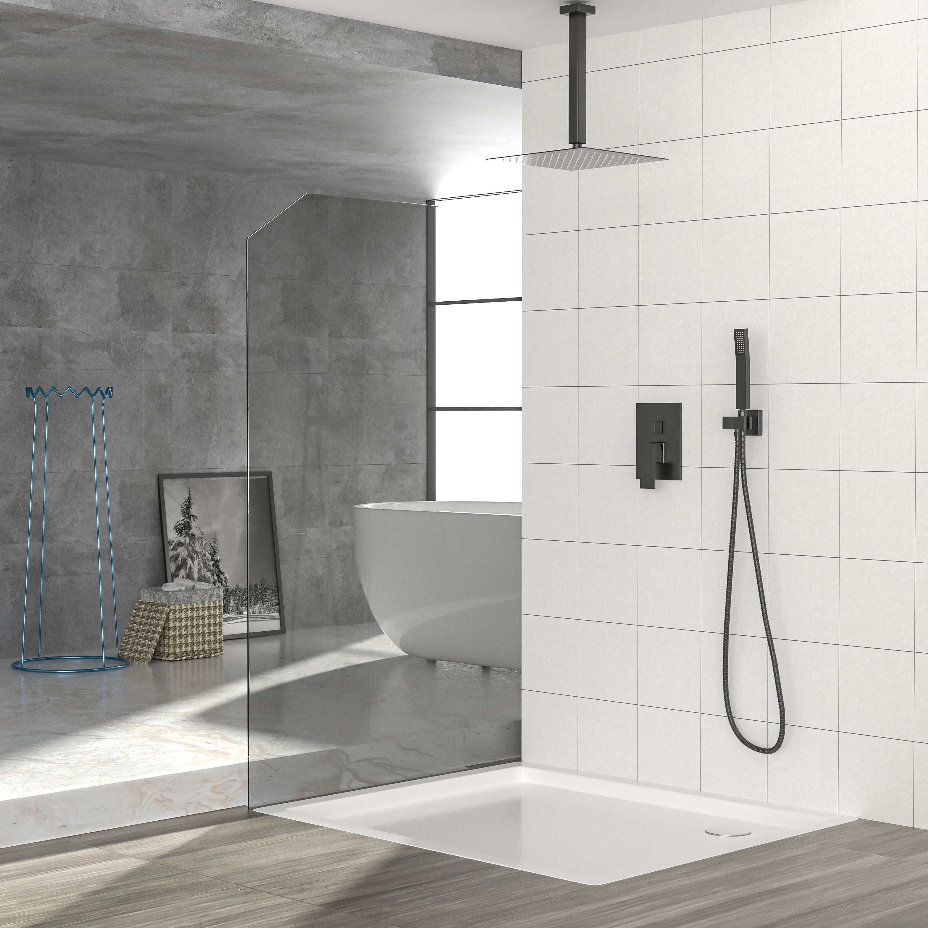 Matte Black Dual Shower Head: 12" Ceiling Mount