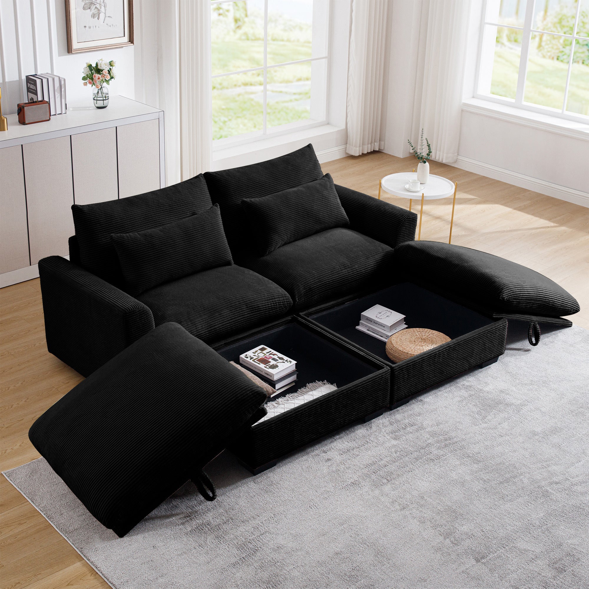 Black Corduroy Sofa with Storage: Deep Seat Comfort