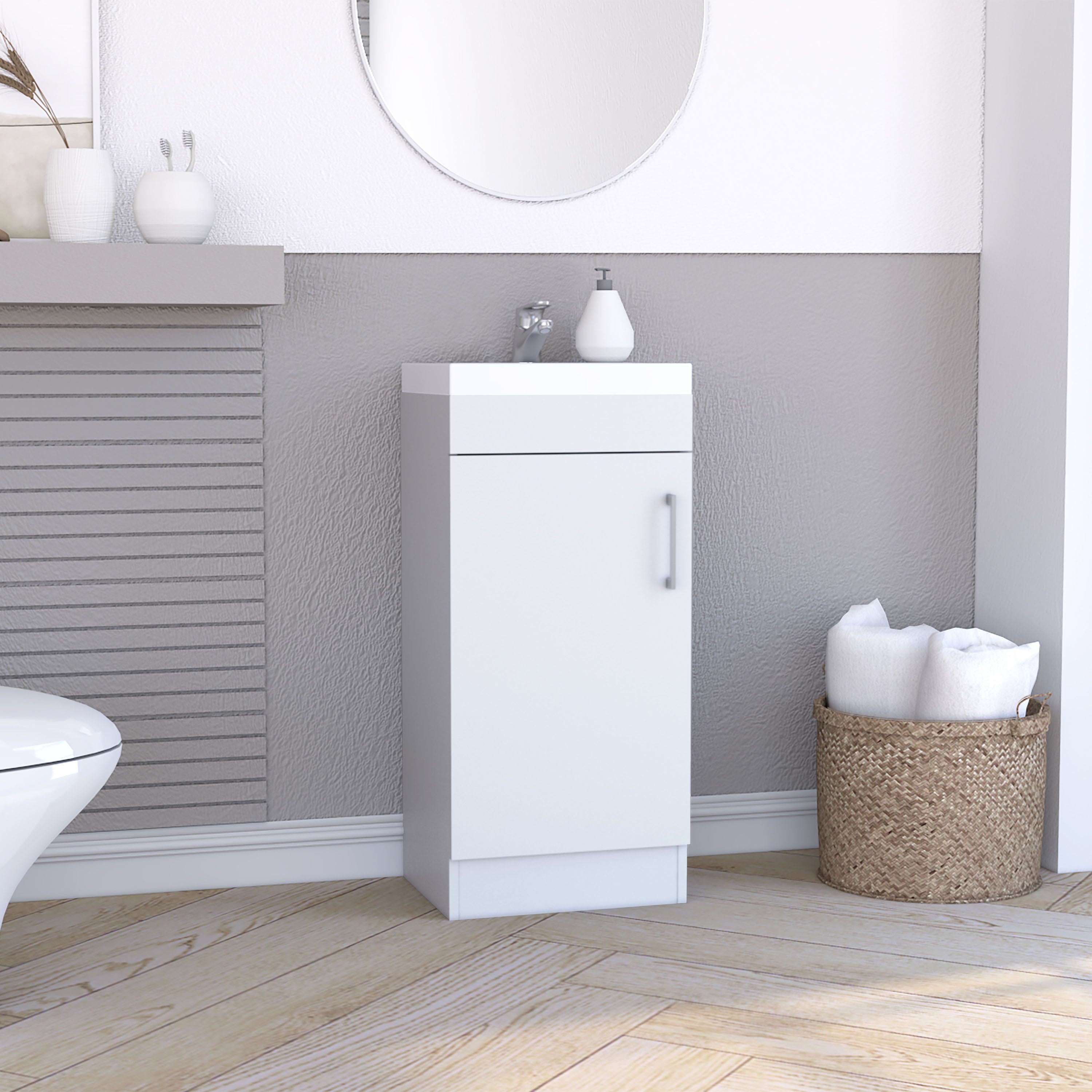 Madrid White Vanity: Single Door, Resin Sink