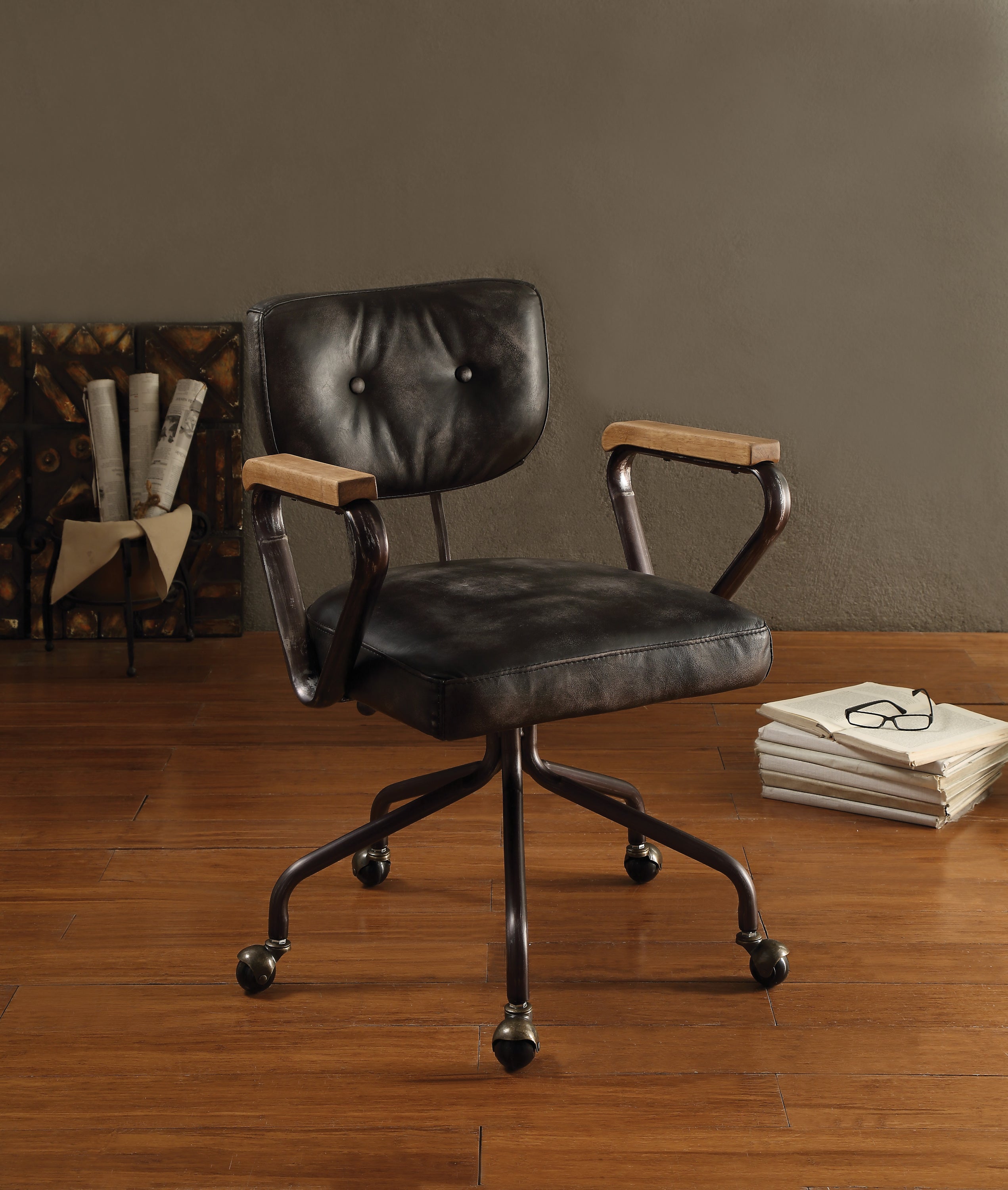 Hallie Vintage Black Leather Office Chair