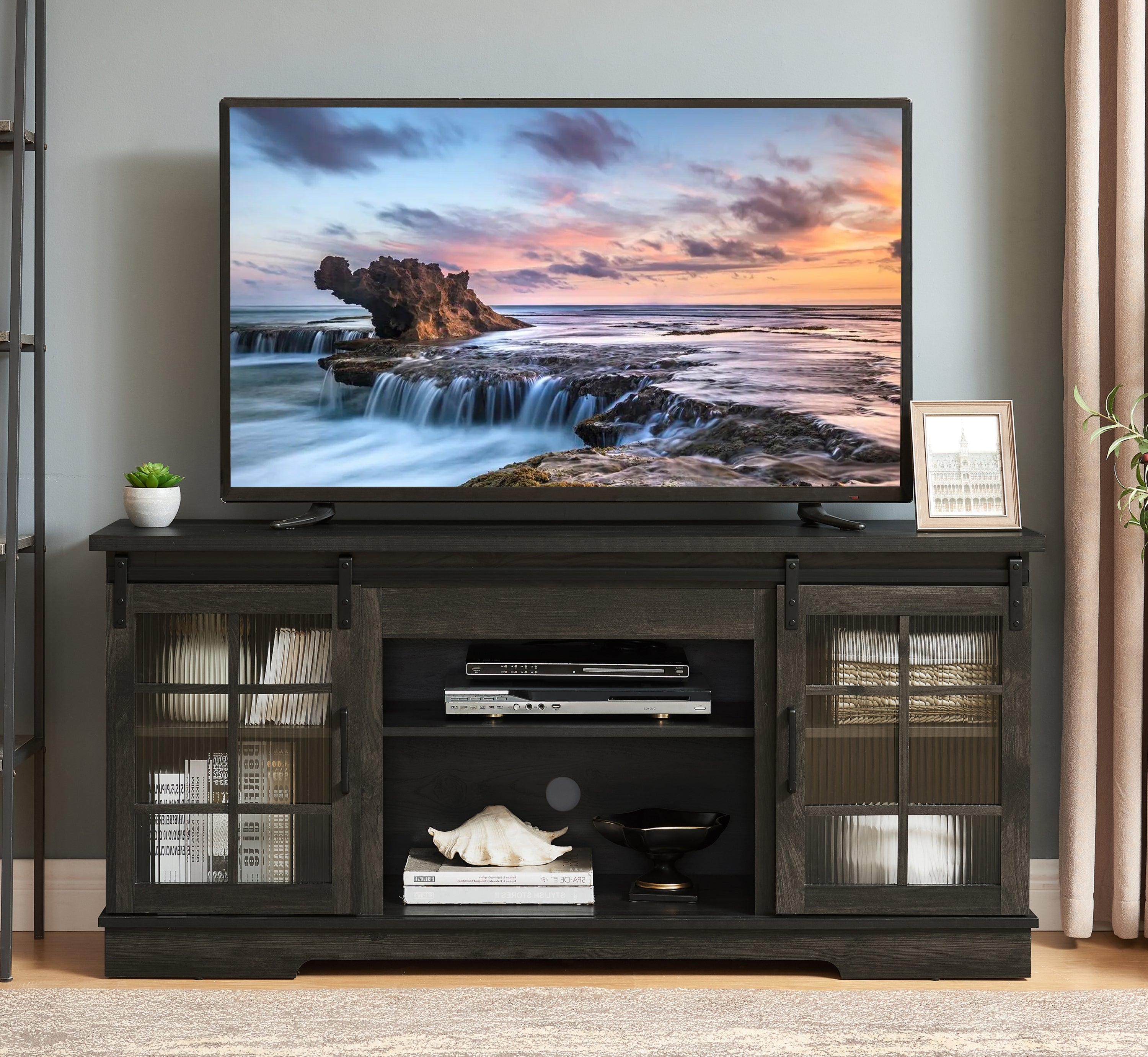Sliding Door TV Stand for 65" TVs | Charcoal Grey Cabinet