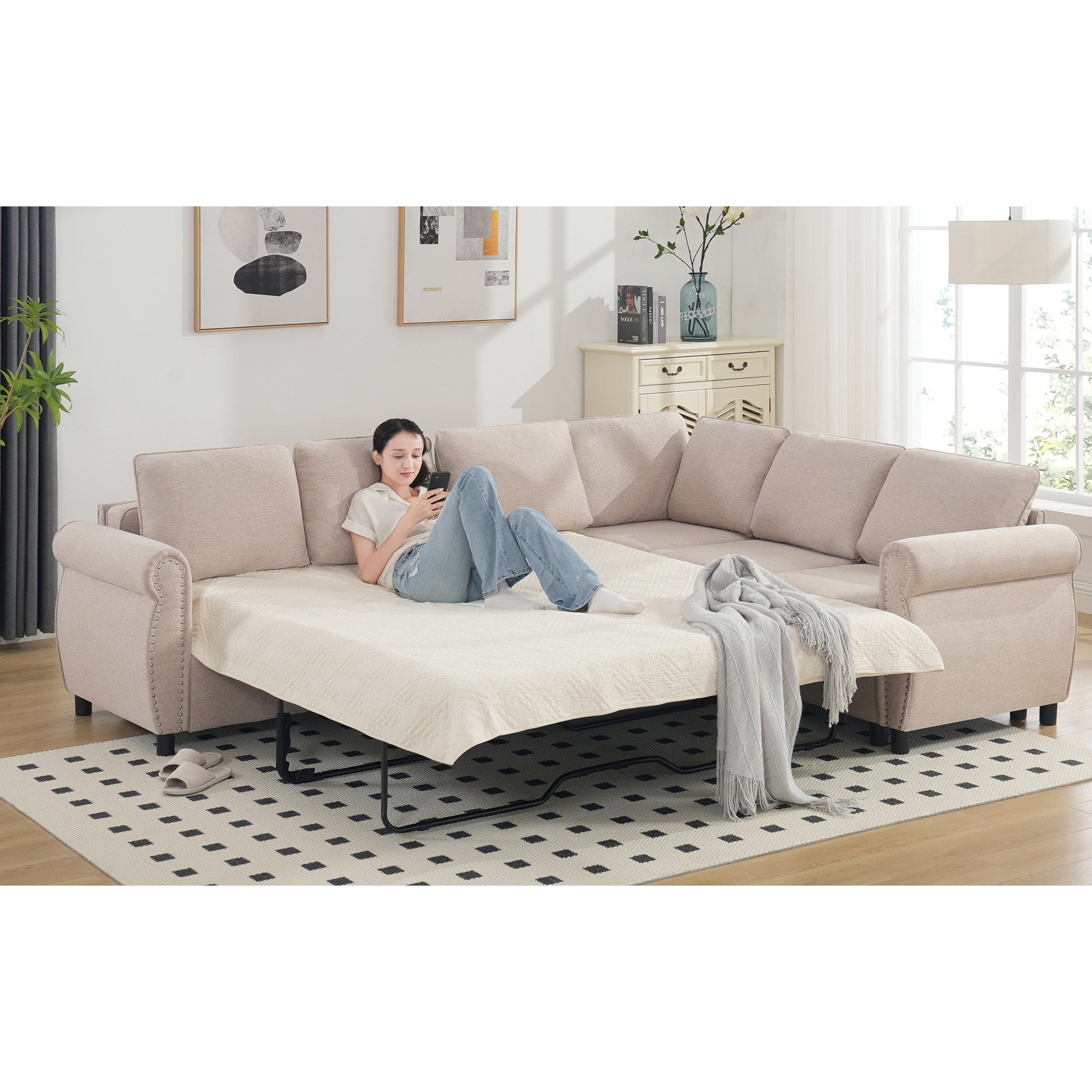 104" Beige L-Shaped Sleeper Sofa | Pull-Out Couch Bed