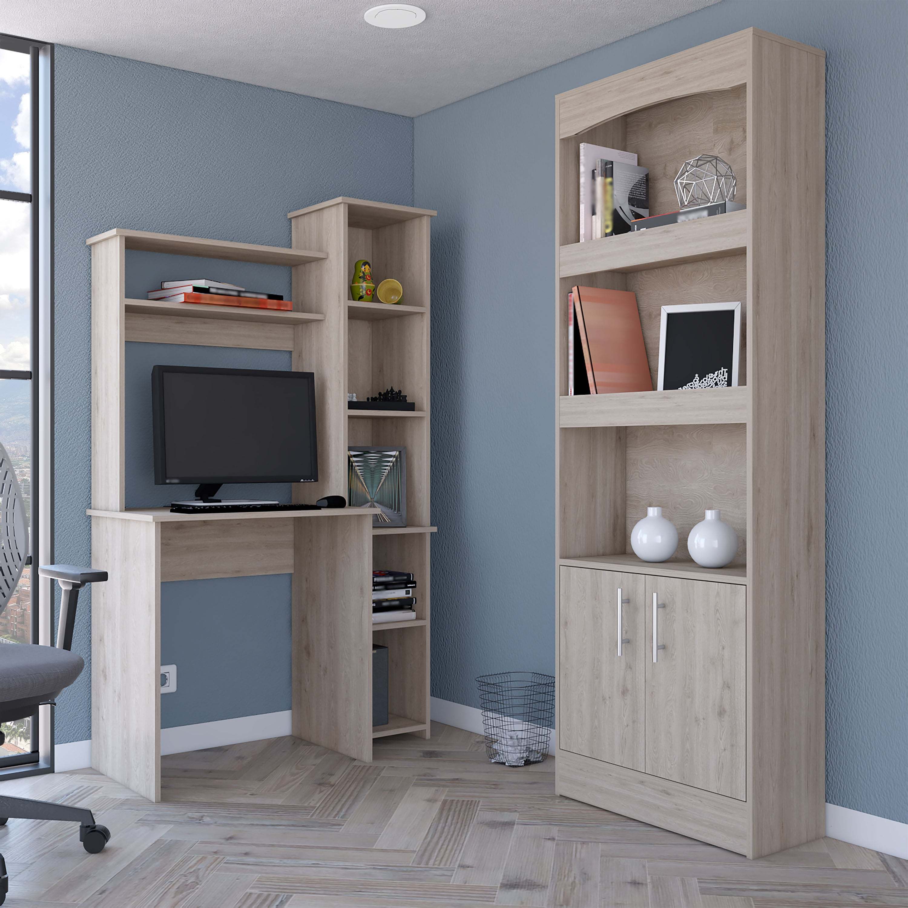 Dozza Bookcase & Aramis Desk Set, Light Gray