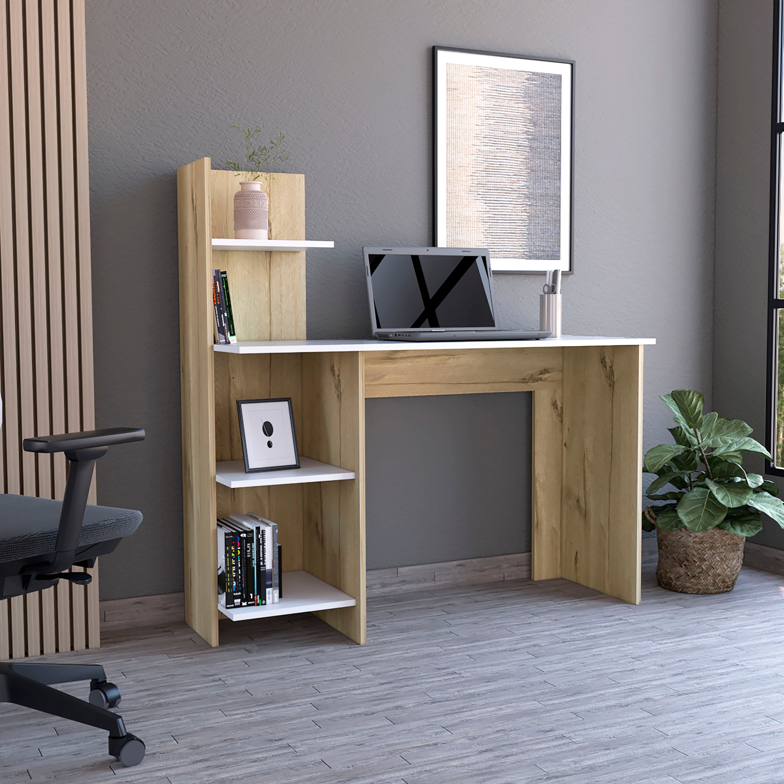 White Writing Desk w/ 4 Shelves & Pine Accents