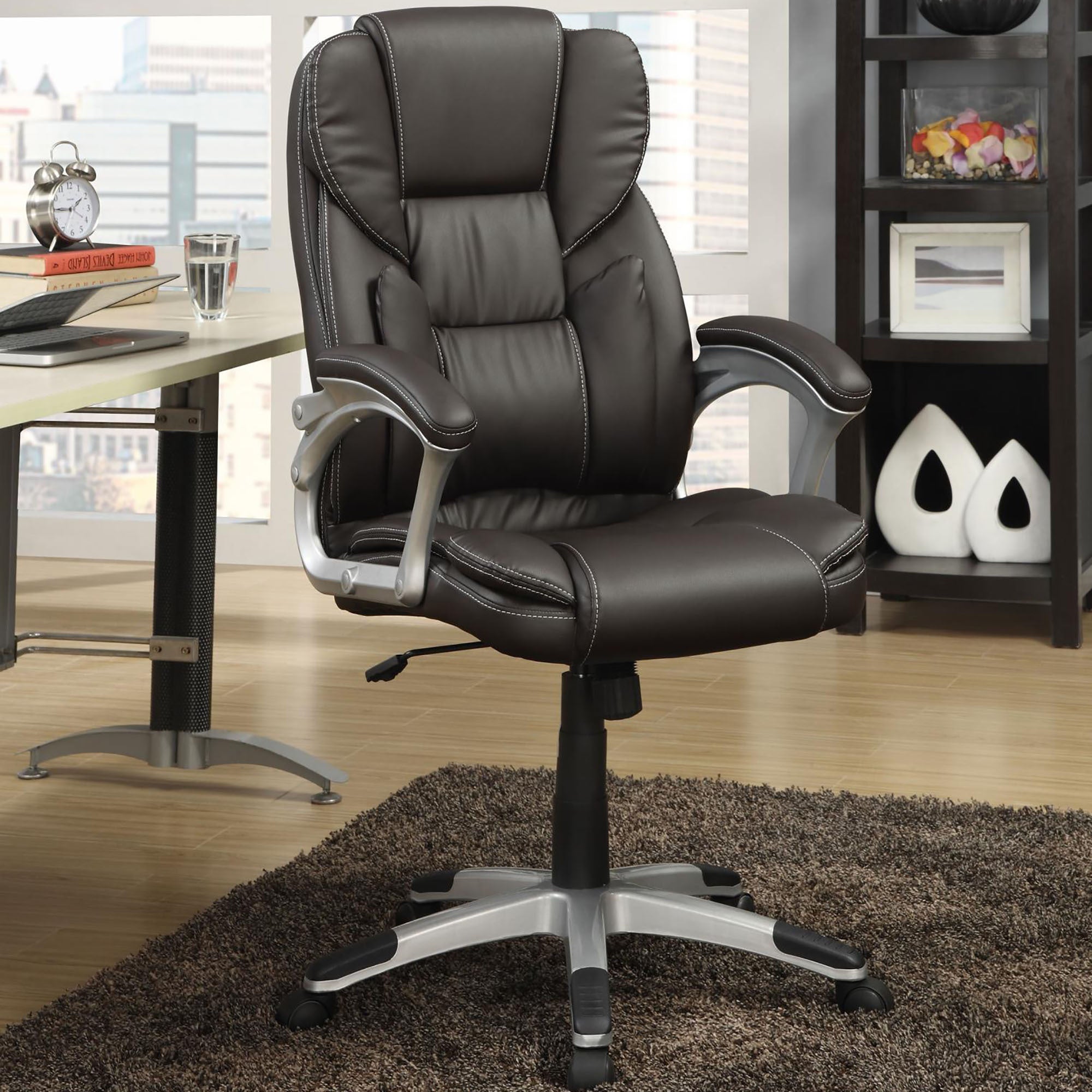 Dark Brown & Silver Swivel Office Chair w/ Armrests
