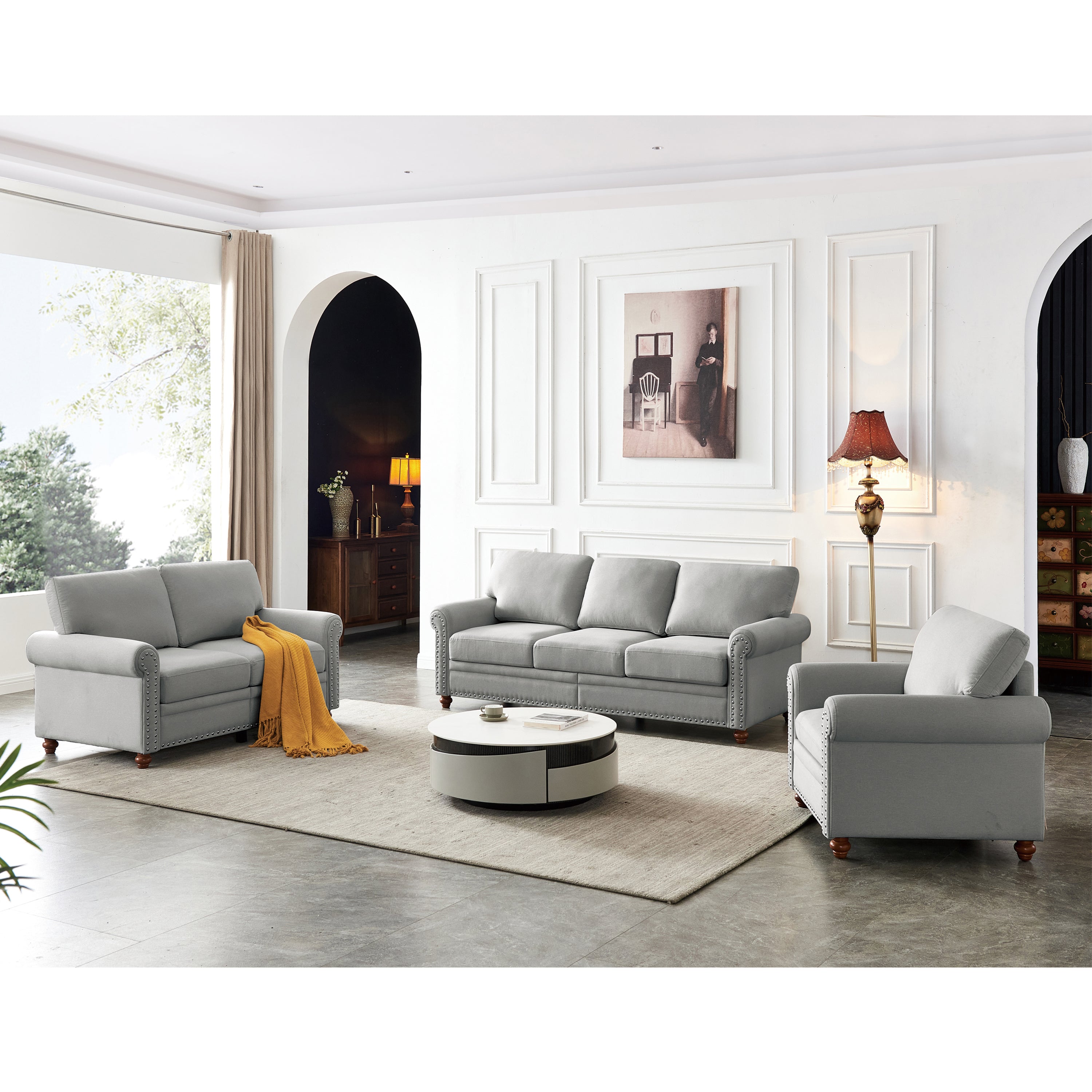 Grey Linen Sectional Sofa w/ Storage (1+2+3)